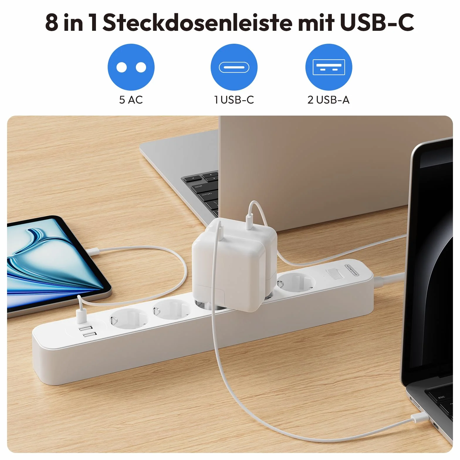 NTONPOWER Listwa zasilająca z 5 gniazdami USB C, wielokrotne gniazdko ścienne, kabel przedłużający, 1,5 m, biała