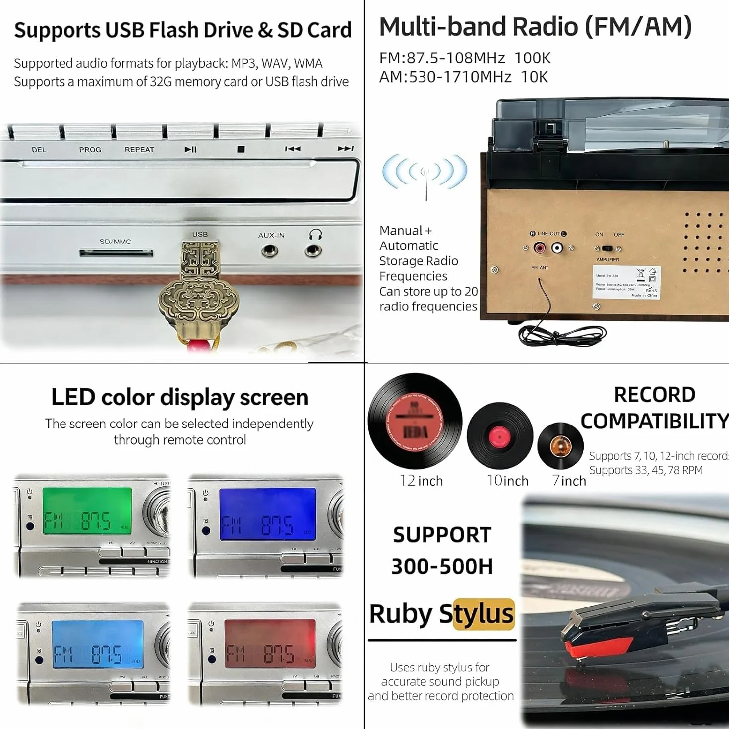 Odtwarzacz CD, Kasetowy I Bluetooth 10 W 1, Retro Gramofon Z Pilotem, Wbudowanymi Głośnikami, USB/SD, Wejściem Aux Wyjściem Liniowym RCA, 3-prędkościowy, Do Biura Rozrywki(Light brown)