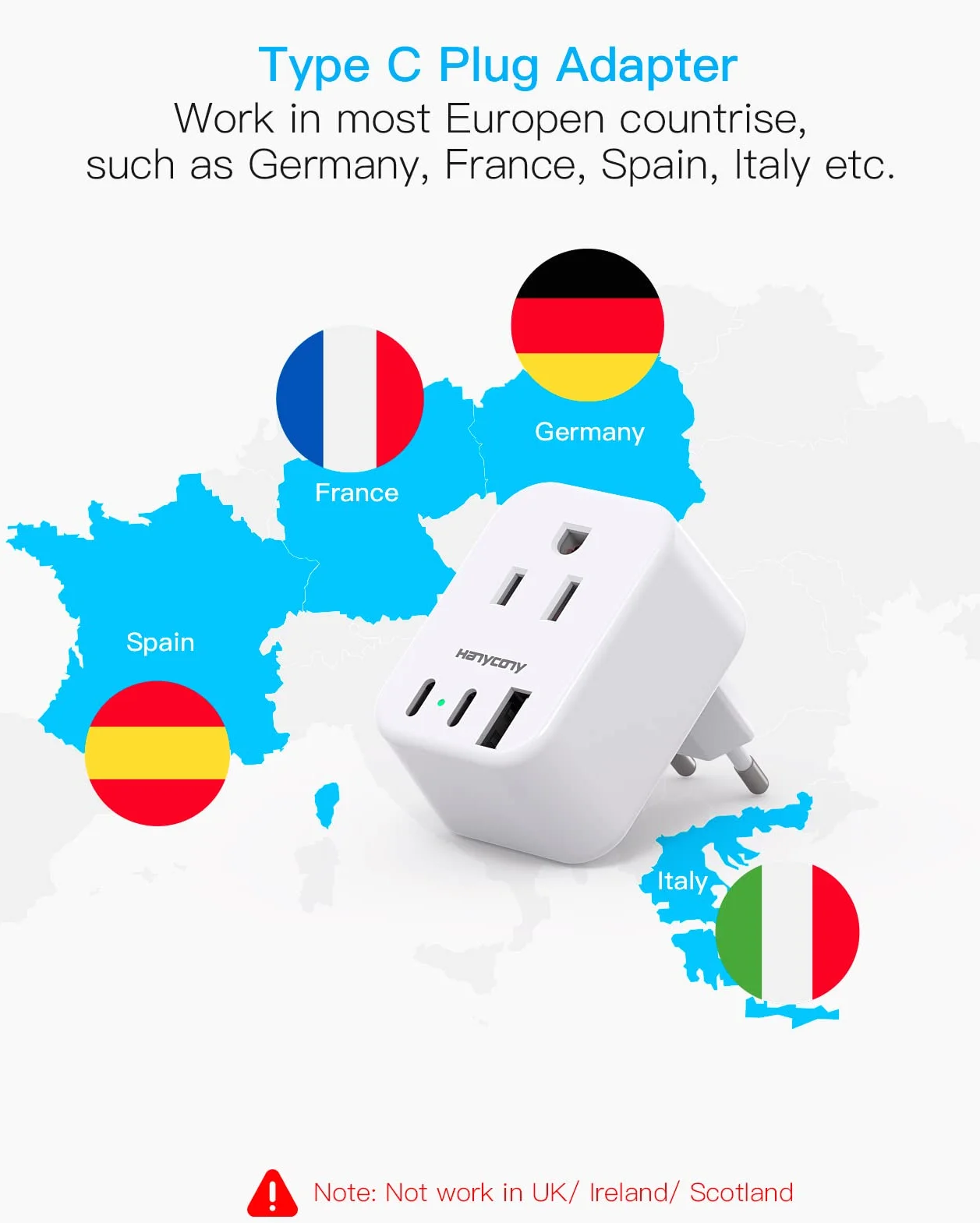 European Travel Plug Adapter USB C, International Plug Adapter, US to Europe Plug Adapter with 2 Outlets 3 USB Ports(2 USB C), Type C Power Adapter to Italy Spain France Portugal Iceland Germany