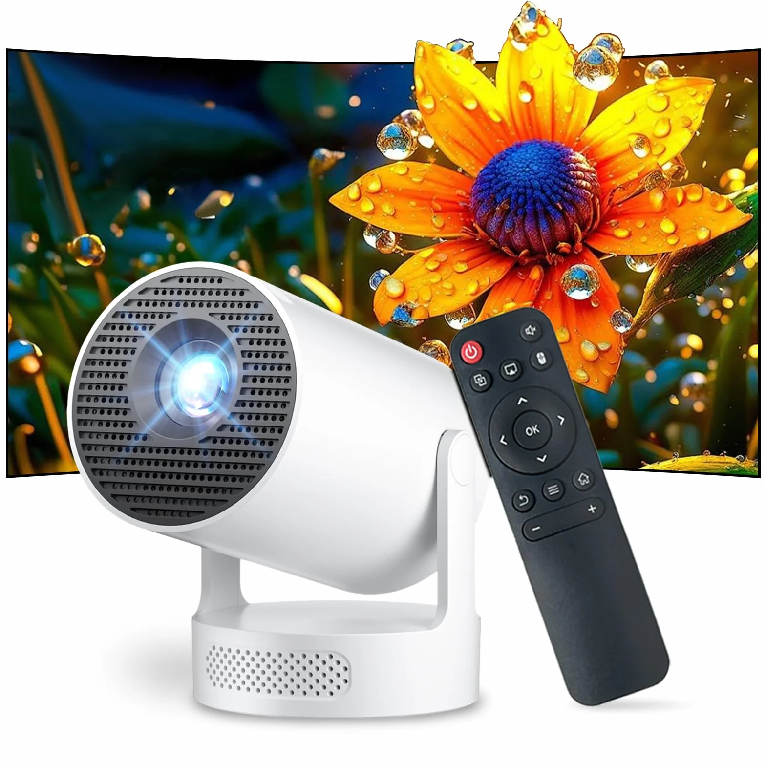 Salange Przenośny projektor 2026, mini projektor Pico, obsługuje 4K 1080P z WiFi 6 i Bluetooth 5.4, Android 14.0, obrót 180°, wbudowany głośnik HiFi 5 W, projektor kina domowego, biały