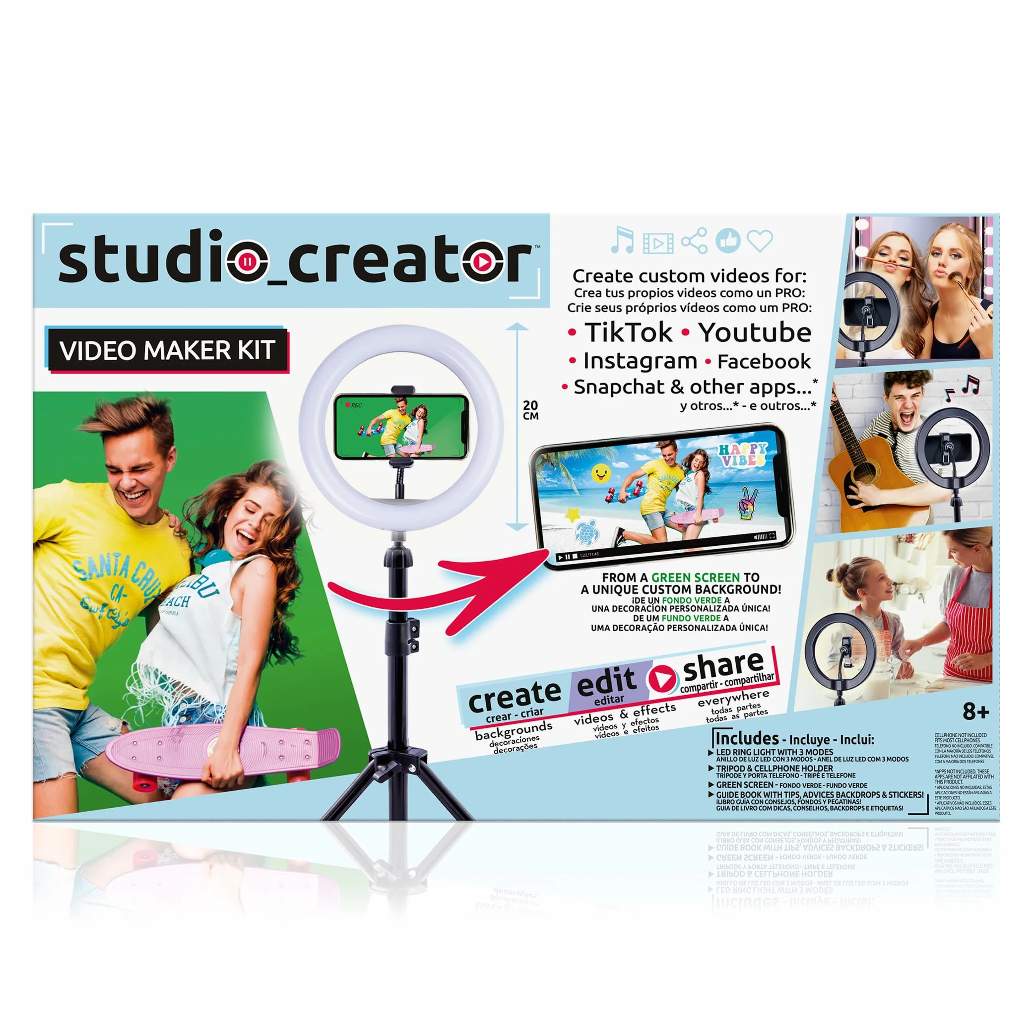 Canal Toys - Video Studio Creation Kit - Zostań influencerem - Akcesoria z zielonym tłem, statywem i pierścieniem świetlnym - od 8 lat - INF 001 - Żurawina
