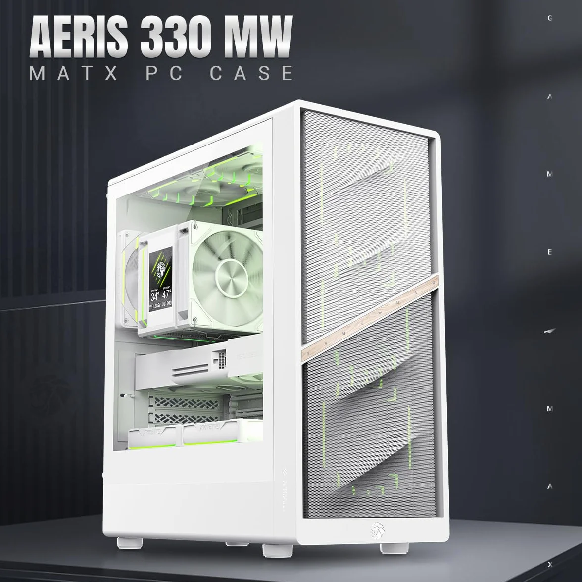 GAMEMAX AERIS 330 MW M-ATX PC obudowa do gier, z 4 wentylatorami ARGB, GPU 330 mm, grzejnik 240/360 mm, USB-C, pamięć wielofunkcyjna, biała