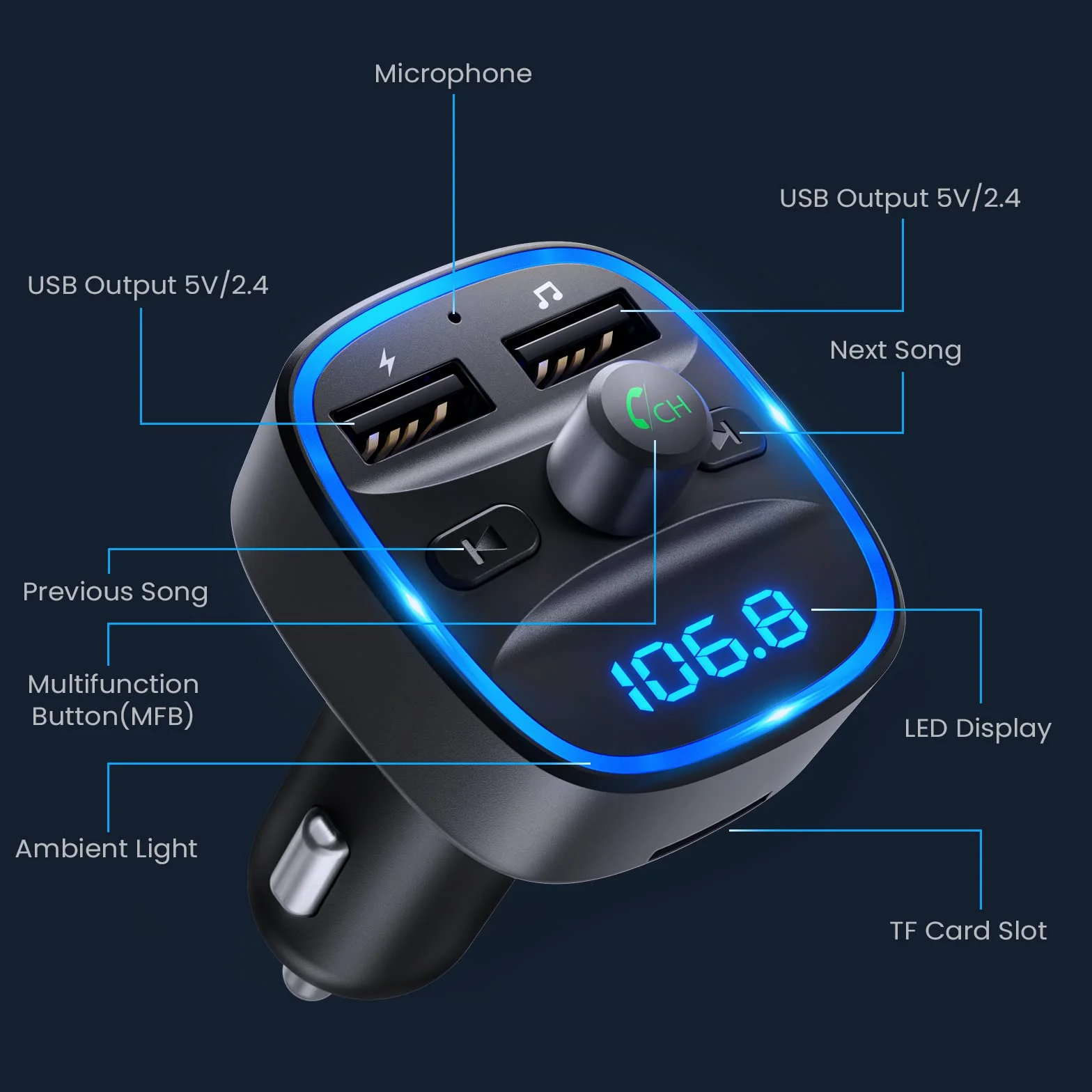 LENCENT 5.1 Samochodu Nadajnik FM Bluetooth, Nadajnik Bluetooth, Adapter Radia Samochodowego z Dwoma Portami USB, Zapalniczka Samochodowa z Zestawem Głośnomówiącym, Obsługa Dysków USB, Ciemnoszary