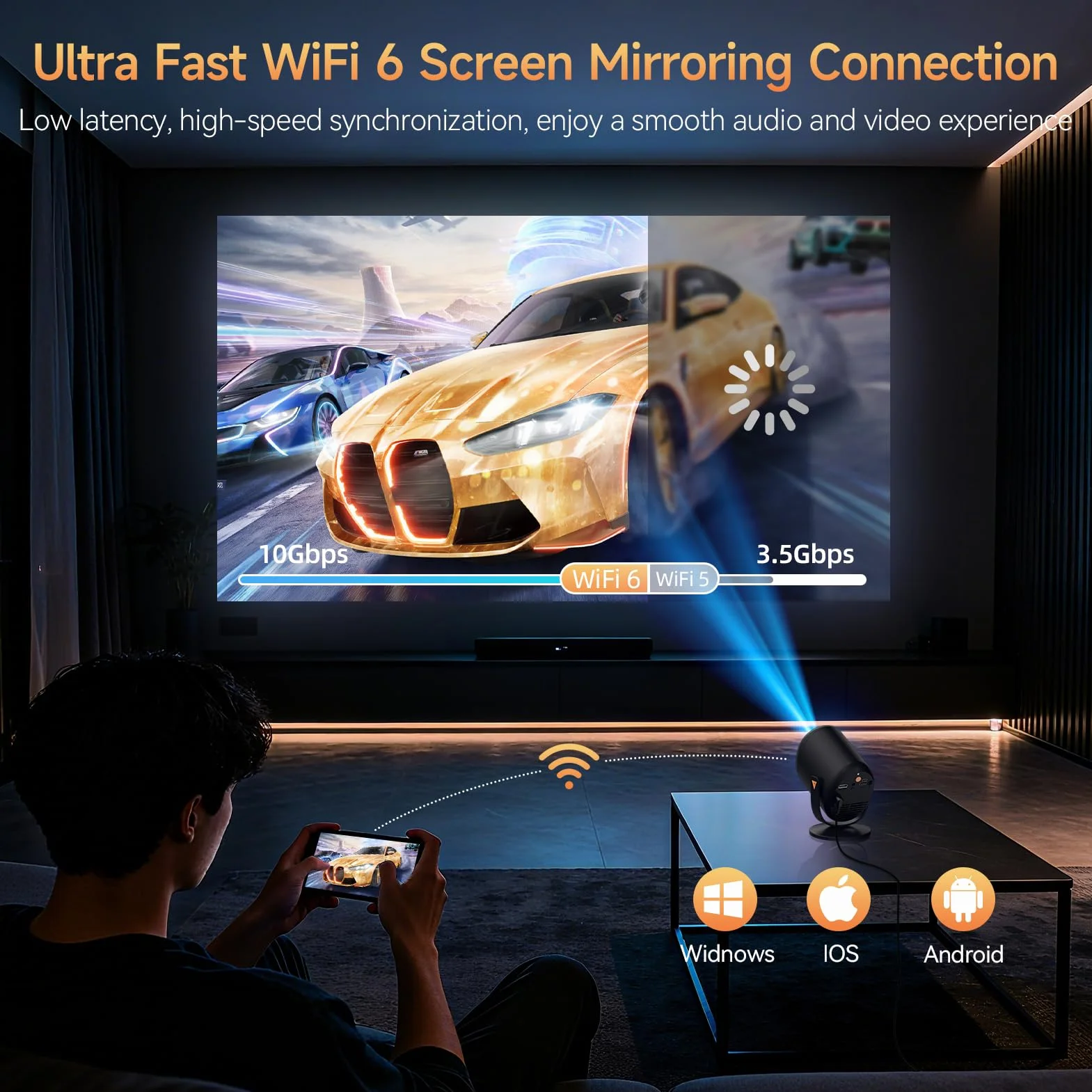 Mini projektor z Wi-Fi i Bluetooth, przenośny projektor Native 1080P, obsługa 4K ze stojakiem regulowanym o 180°, wyświetlacz maks. 180 cali, wbudowane głośniki