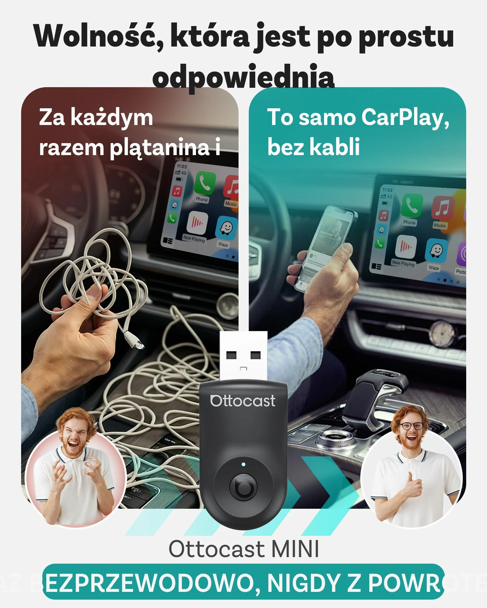 Nowość 2025 Ottocast Mini Flow – Bezprzewodowy adapter CarPlay & Android Auto, Dongle 2 w 1, Plug & Play, Ultra kompaktowy, Kompatybilny z iPhone & Android, Do aut od 2016 (Nie dla BMW/Tesla)