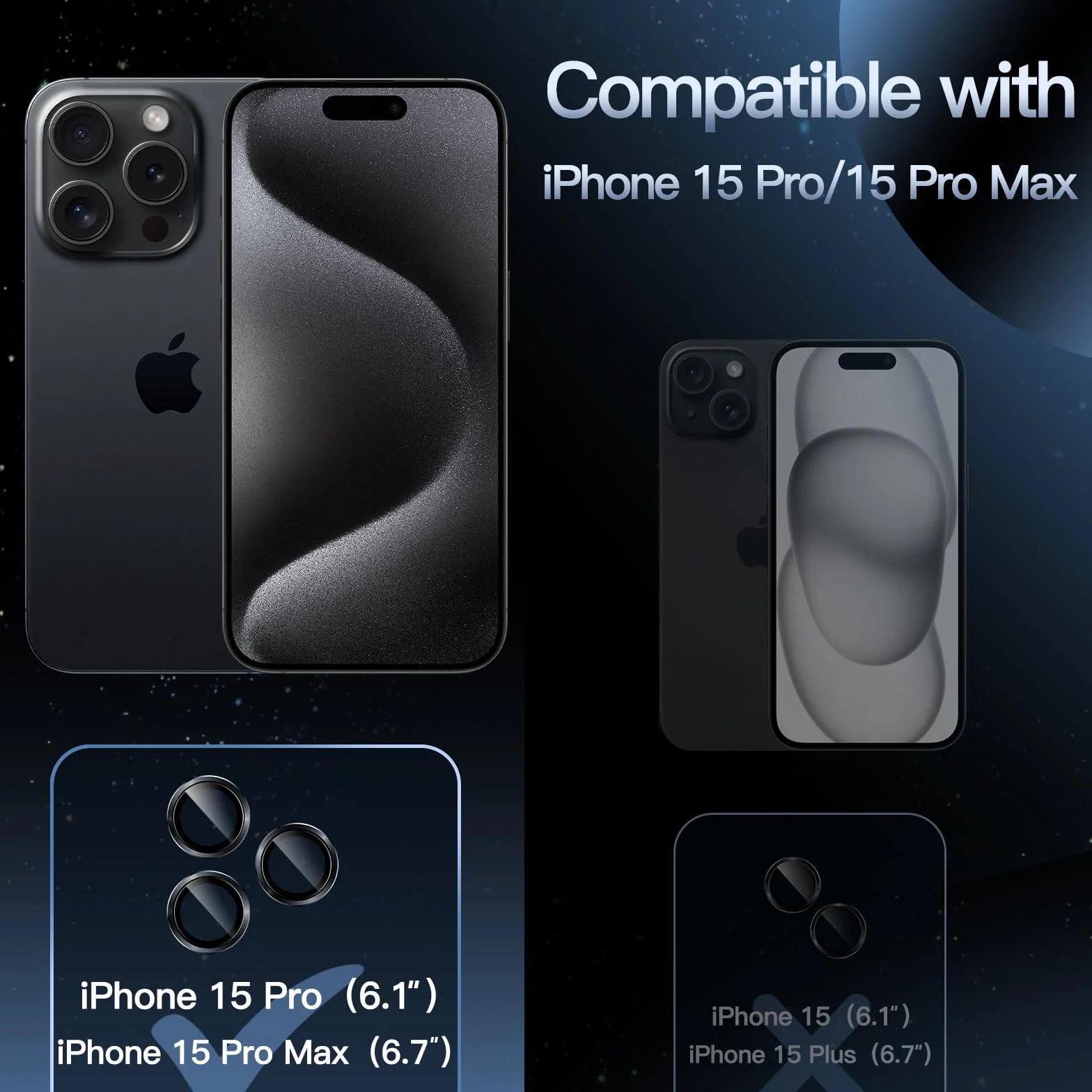 JETech Ochraniacz Obiektywu Aparatu dla iPhone 15 Pro/15 Pro Max | Gwiezdna Czerń, Szkło Hartowane 9H, Metalowe Osłony Pierścieniowe, Przejrzystość HD