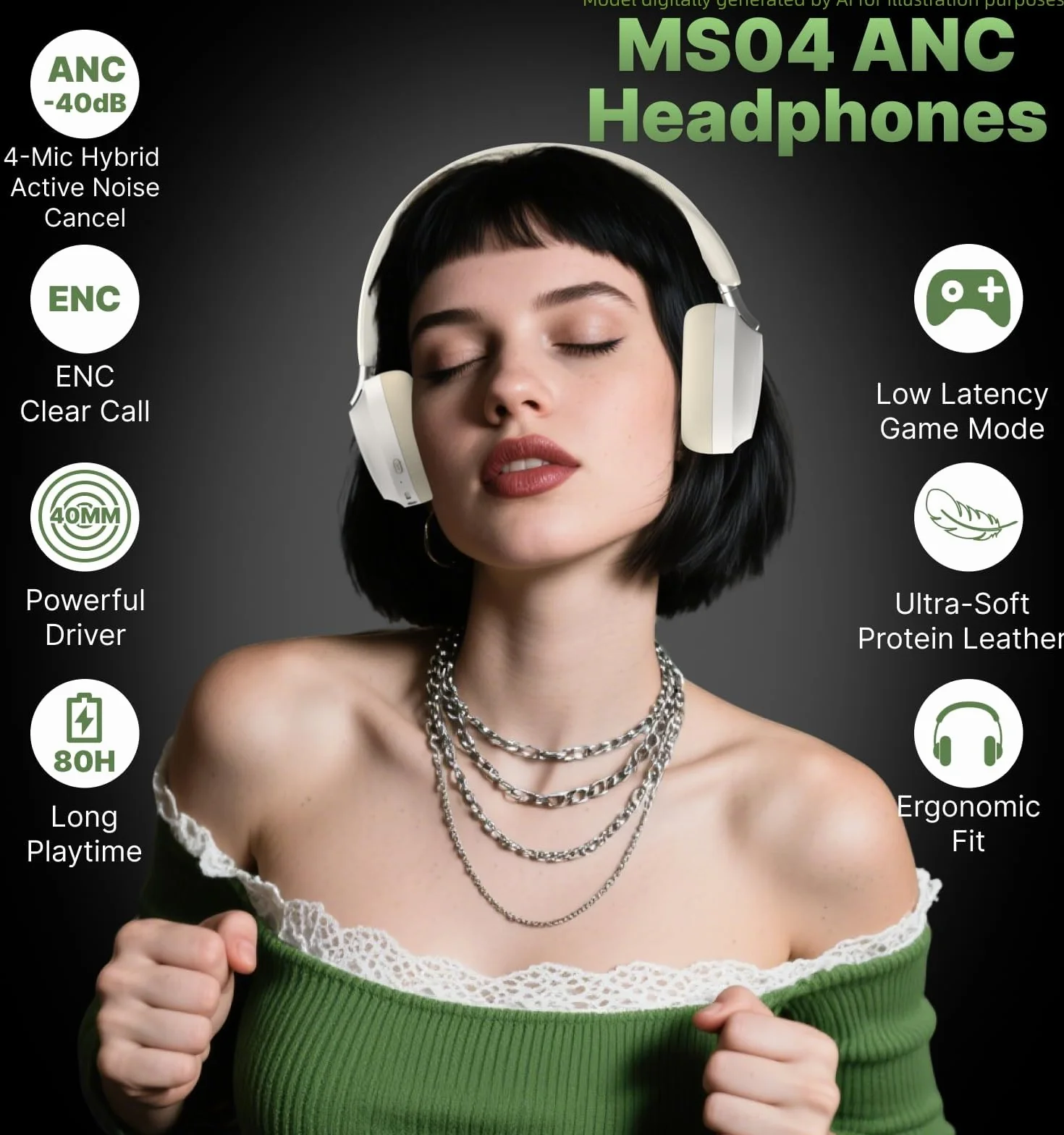 Hmusic MS04 4-Mik Słuchawki Bluetooth ANC, 80H Czas Pracy | Nauszne Słuchawki Bluetooth, Kabel Aux 3.5mm, z Etui, Białe Składane Słuchawki Bezprzewodowe do Gry/Podróży/Pracy/Dojazdów