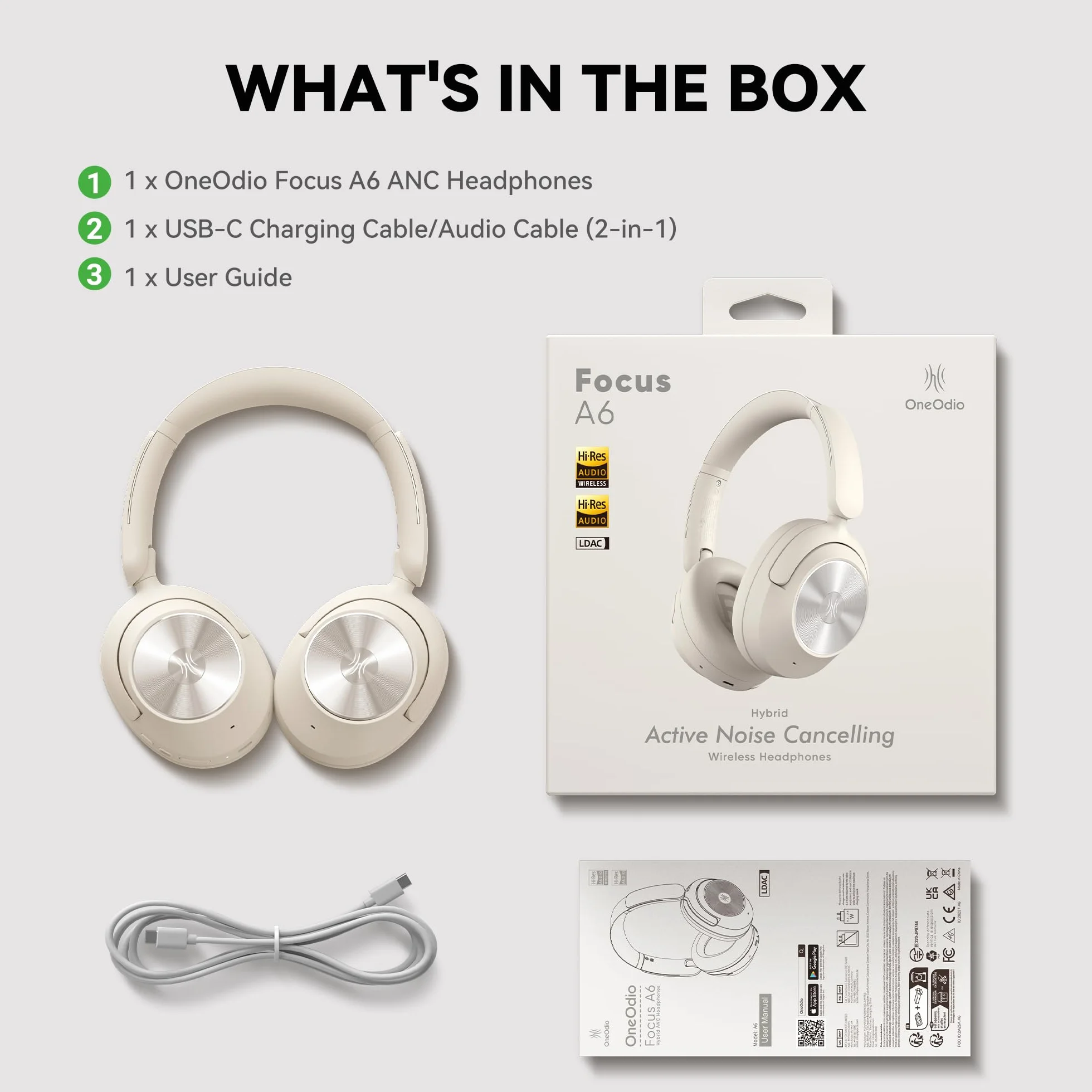 OneOdio Focus A6 Hybrydowe słuchawki z aktywną redukcją szumów, czas odtwarzania 75 godzin, LDAC Hi-Res Lossless Audio, Bluetooth 6.0, podwójny mikrofon ENC, przewodowe ANC przez USB-C, bezprzewodowe