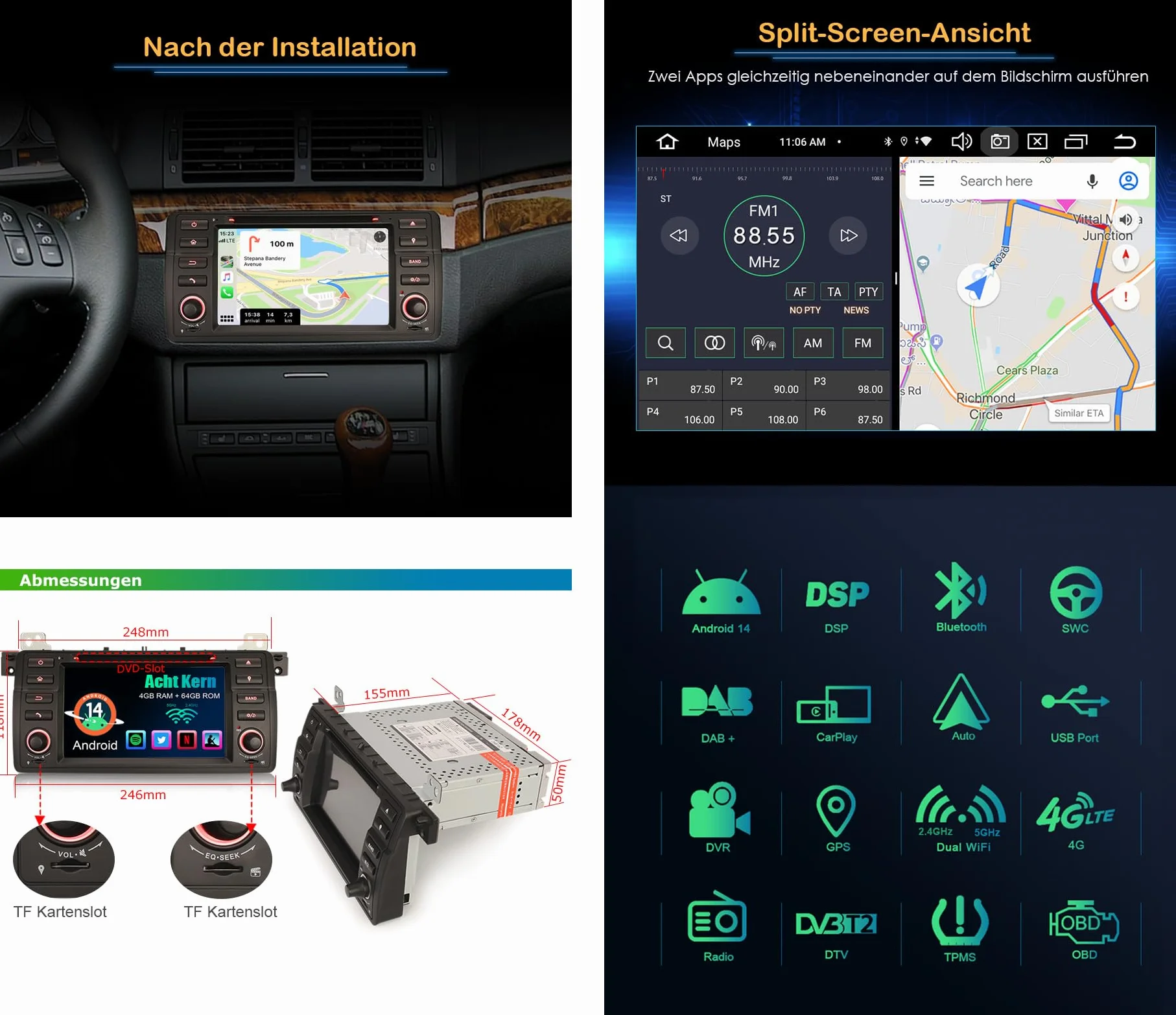 Erisin Android 12 4 GB RAM + 64 GB ROM radio samochodowe z GPS do BMW E46 M3 325 3 318 320 Rover 75 MG ZT 7 cali Multimedia Bluetooth nawigacja ekran dotykowy CarPlay DAB+ WiFi 4G FM Radio A2DP OBD2