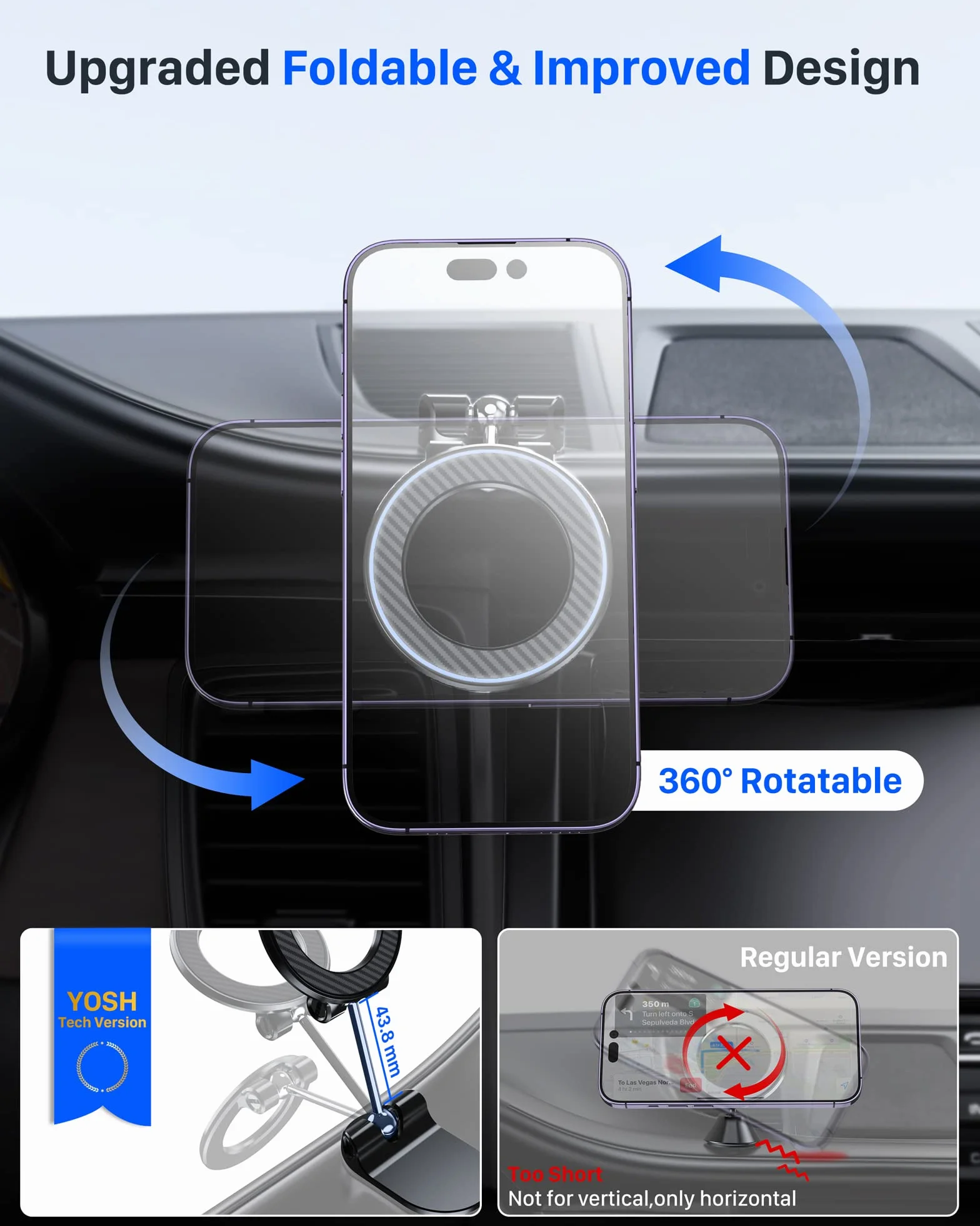YOSH Odkurzacz do Magsafe magnetyczny uchwyt na telefon do samochodów, nano stabilna przyssawka do przedniej szyby deski rozdzielczej, magnesy N55 do iPhone'a 17 16 15 14 13 Samsung Pixel, niebieski