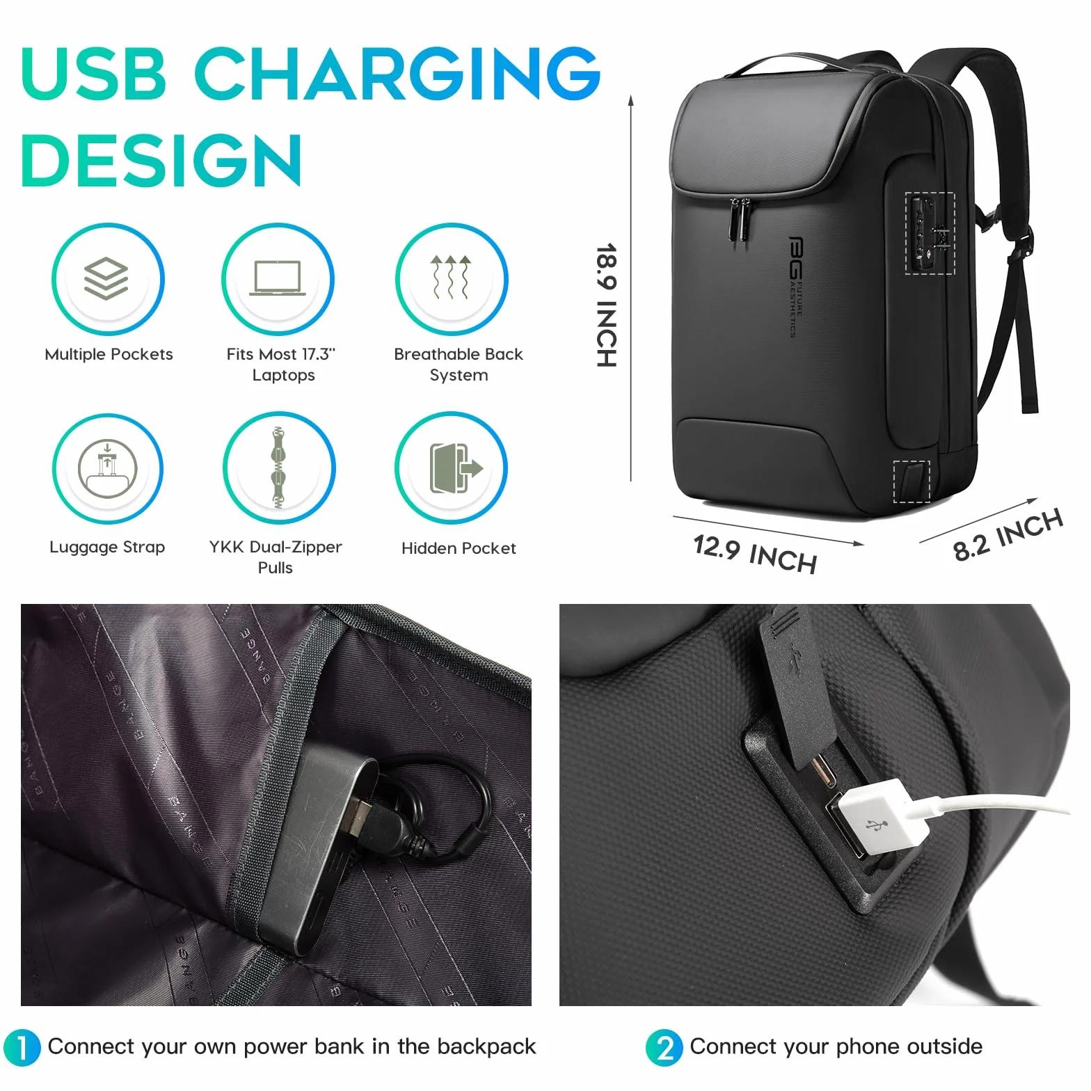 BG Męski plecak antykradzieżowy, wodoodporny, modny plecak podróżny, zaawansowany technologicznie plecak z portem ładowania USB 3.0, biznesowy plecak na laptopa pasuje do notebooka 17,3 cala