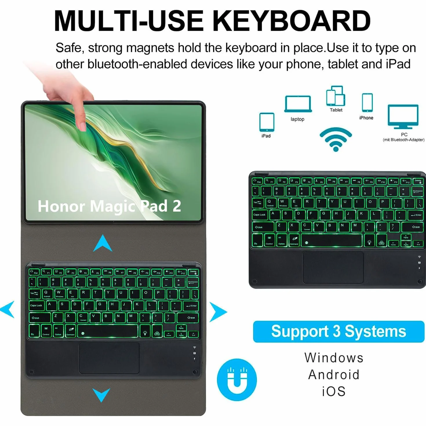 Keyboard Case for Honor Magic Pad 2 12,3 cala tabletu, 7-kolorowe podświetlenie, odłączana bezprzewodowa klawiatura z panelem dotykowym, ultracienkie i lekkie etui folio z myszką,Black