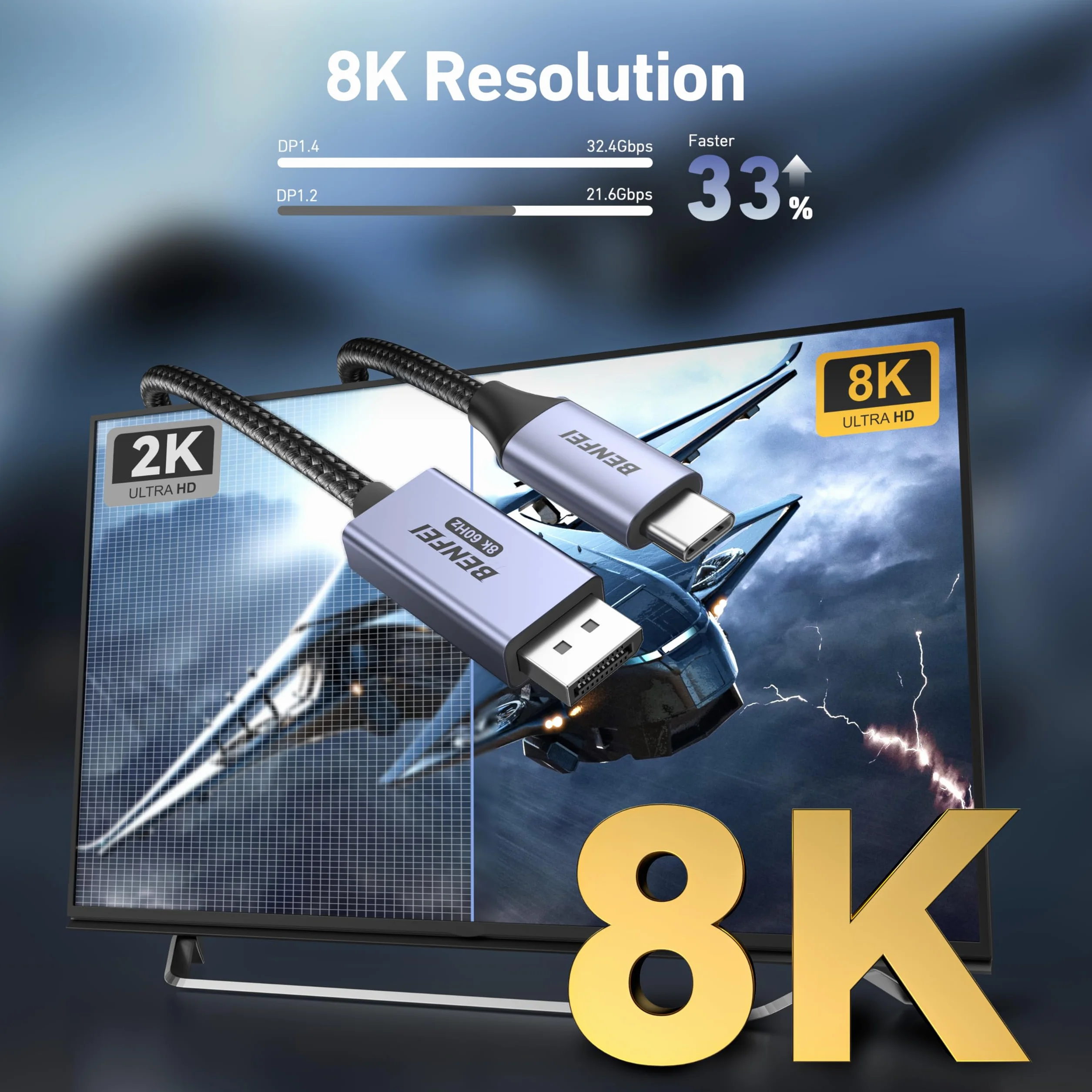 BENFEI Dwukierunkowy kabel USB C do DisplayPort 1.4 6 stóp, obsługa 8K@60Hz 4K@240Hz (kabel Thunderbolt 4 do DisplayPort, kabel DisplayPort do USB C) Szary – nie dla przenośnego monitora USB-C