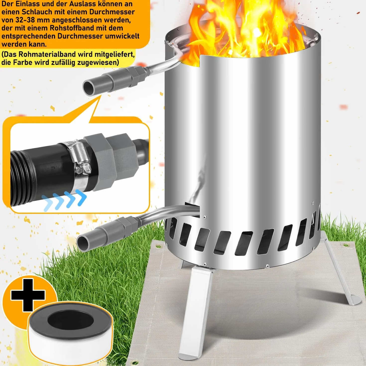 Sonnewelt Ogrzewanie basenu z ogniem i spiralą grzewczą, 100% stal nierdzewna, przyłącze Ø 32/38 mm, do 300 °C