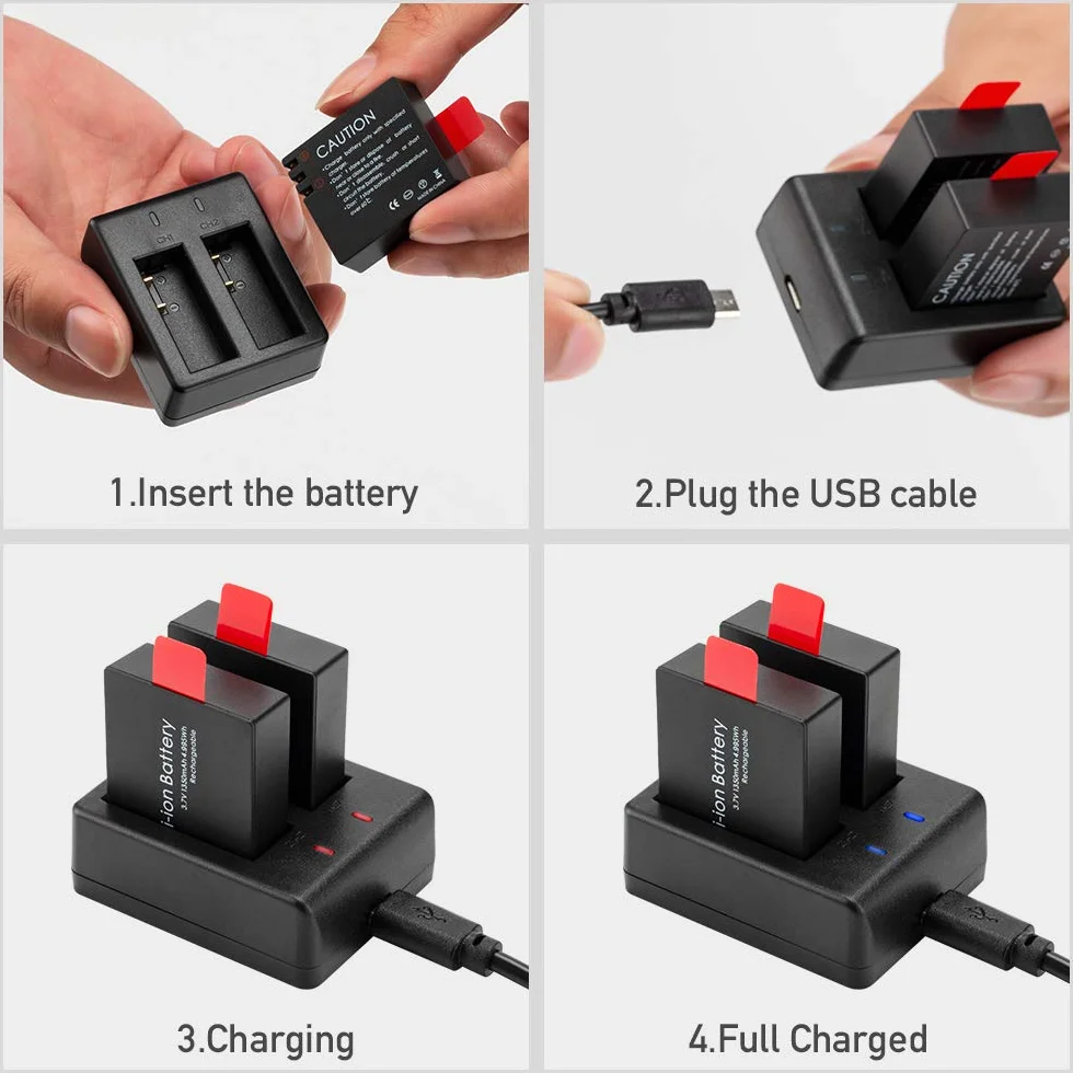Akumulator Action Cam 1350 mAh (3 sztuki), z podwójnym otworem USB, kompatybilny z kamerą sportową AKASO EK7000, CAMPARK, Crosstour, APEMAN, SJ4000 itp