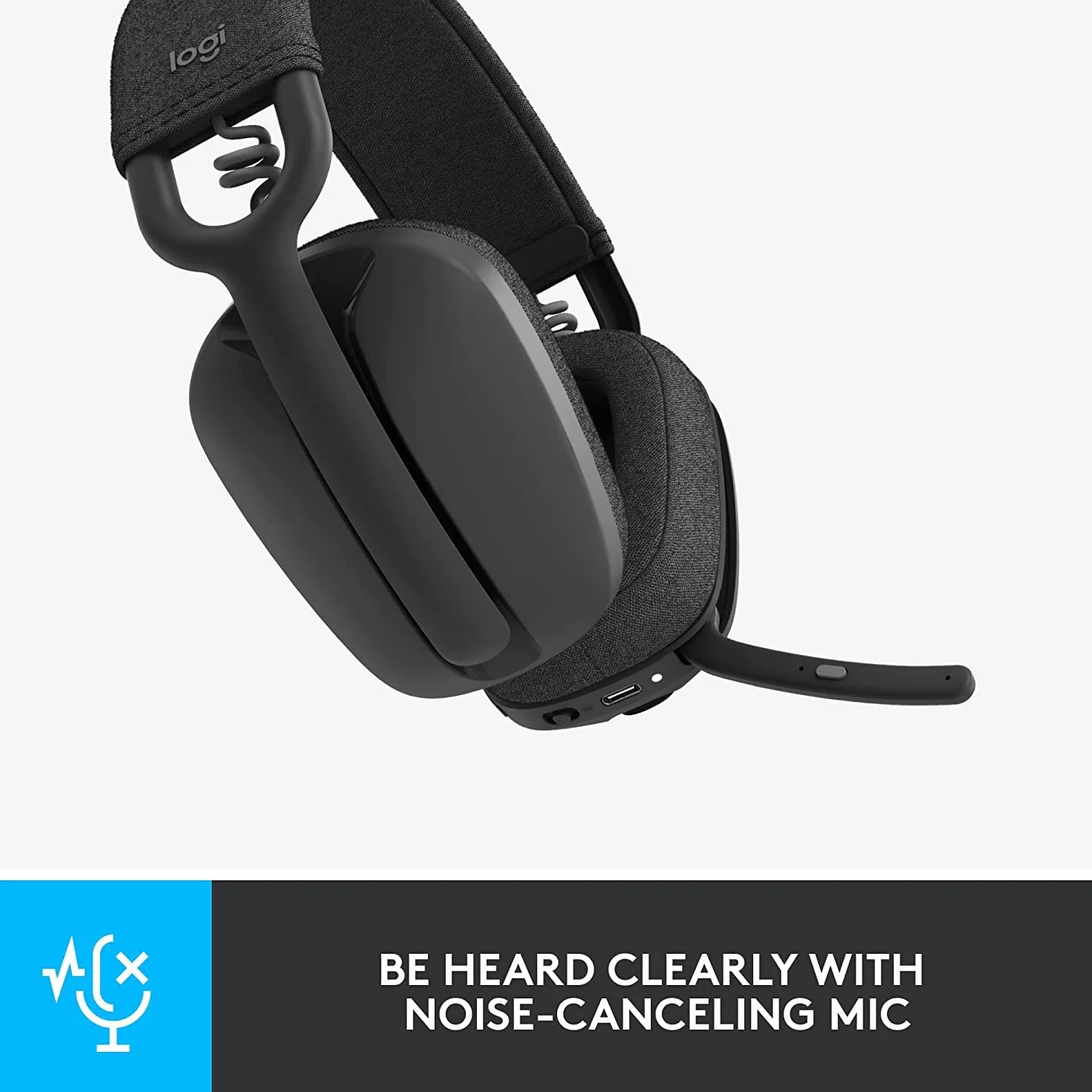 Bezprzewodowe słuchawki Logitech Zone Vibe Bluetooth z mikrofonem z redukcją szumów tła, USB-A, USB-C dla Google Meet, Google Voice, Zoom, Mac/PC, Grafitowy