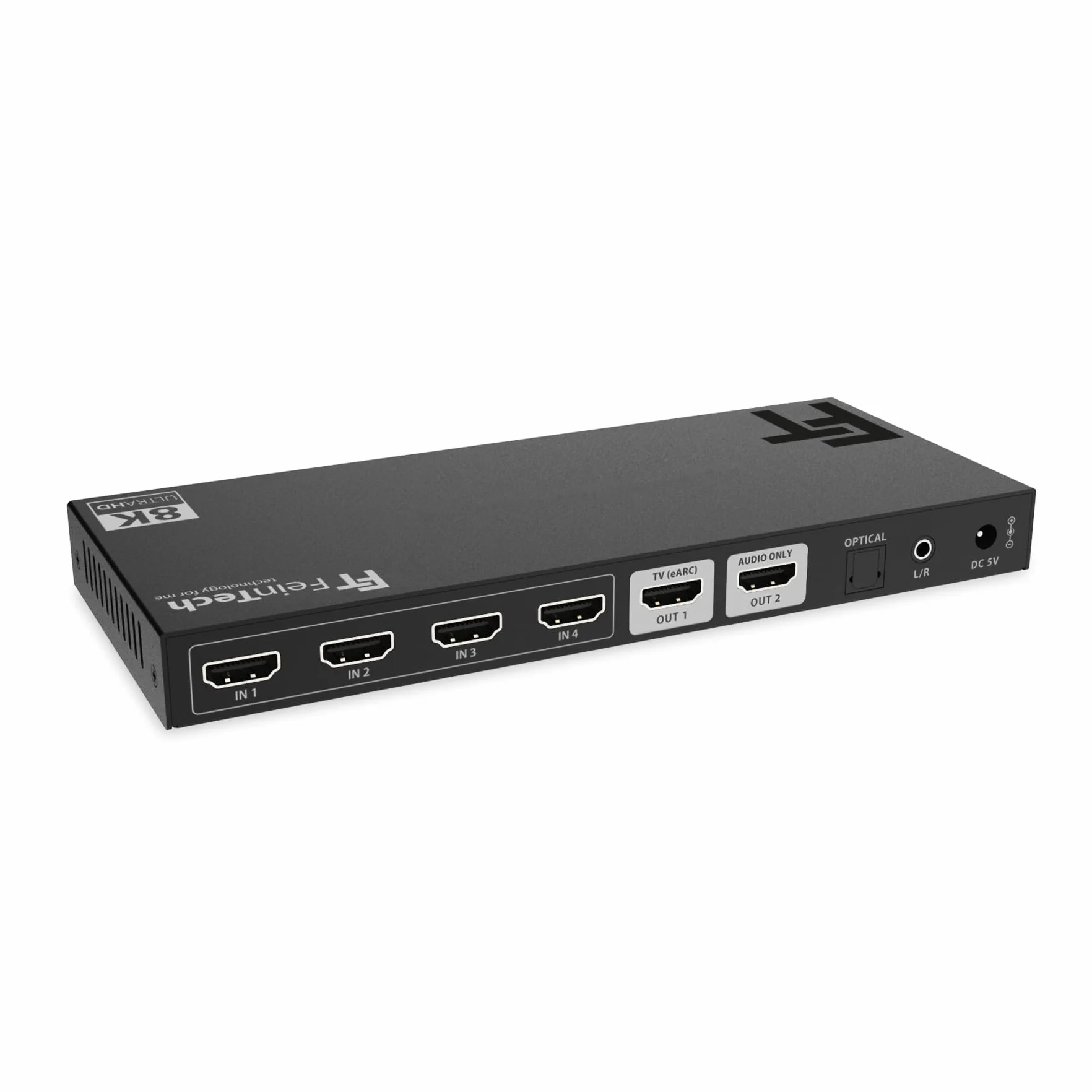 FeinTech SW411 HDMI 2.1 Switch 4 w 1 Out z ekstraktorem audio do systemów dźwiękowych z wejściem HDMI, Toslink i AUX, obsługuje 4K 120Hz i 8K