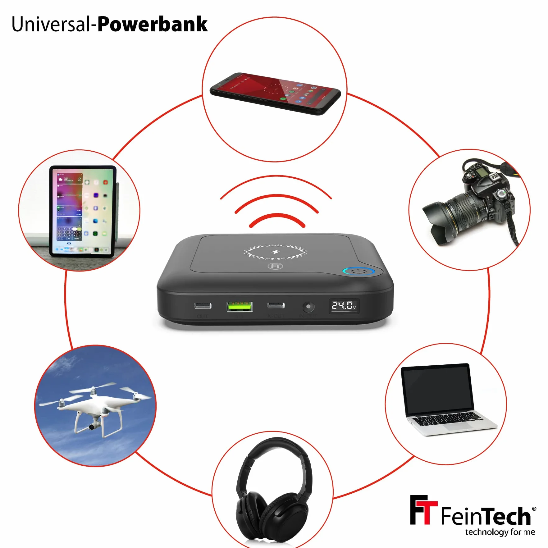 FeinTech PLG02400 Laptop Powerbank 60 W PD USB-C i DC przyłącze do notebooka, MacBooka, iPada, tabletu, smartfona, aparatu, Nintendo Switch, 10 W, bezprzewodowe ładowanie, 88 Wh, 24000 mAh, 122 x 122