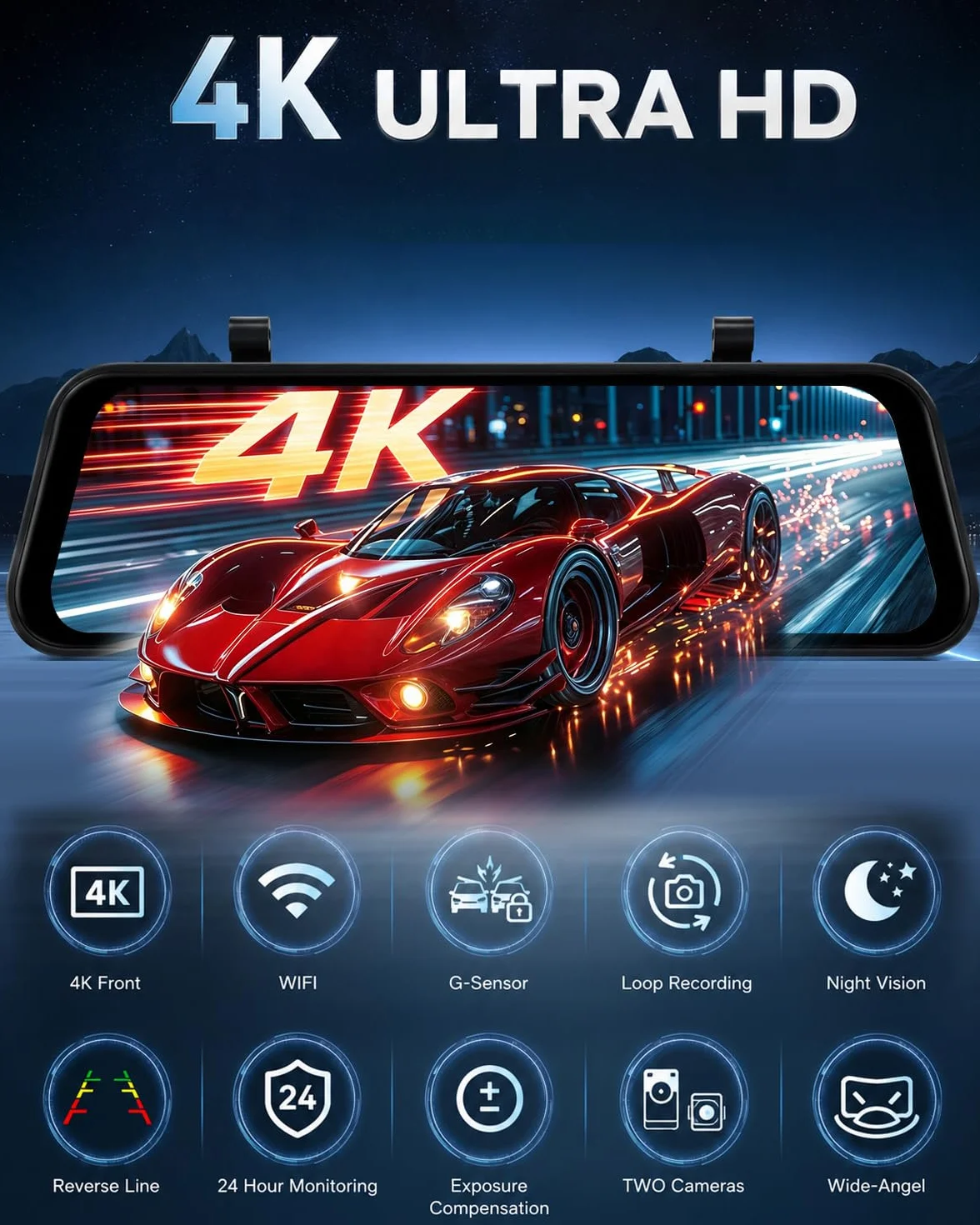 NHOPEEW Kamera samochodowa 4K z tylną kamerą 1080P | WiFi, nagrywanie w pętli, czujnik G, monitor parkowania 24H, kompensacja ekspozycji, ekran IPS 9,66"