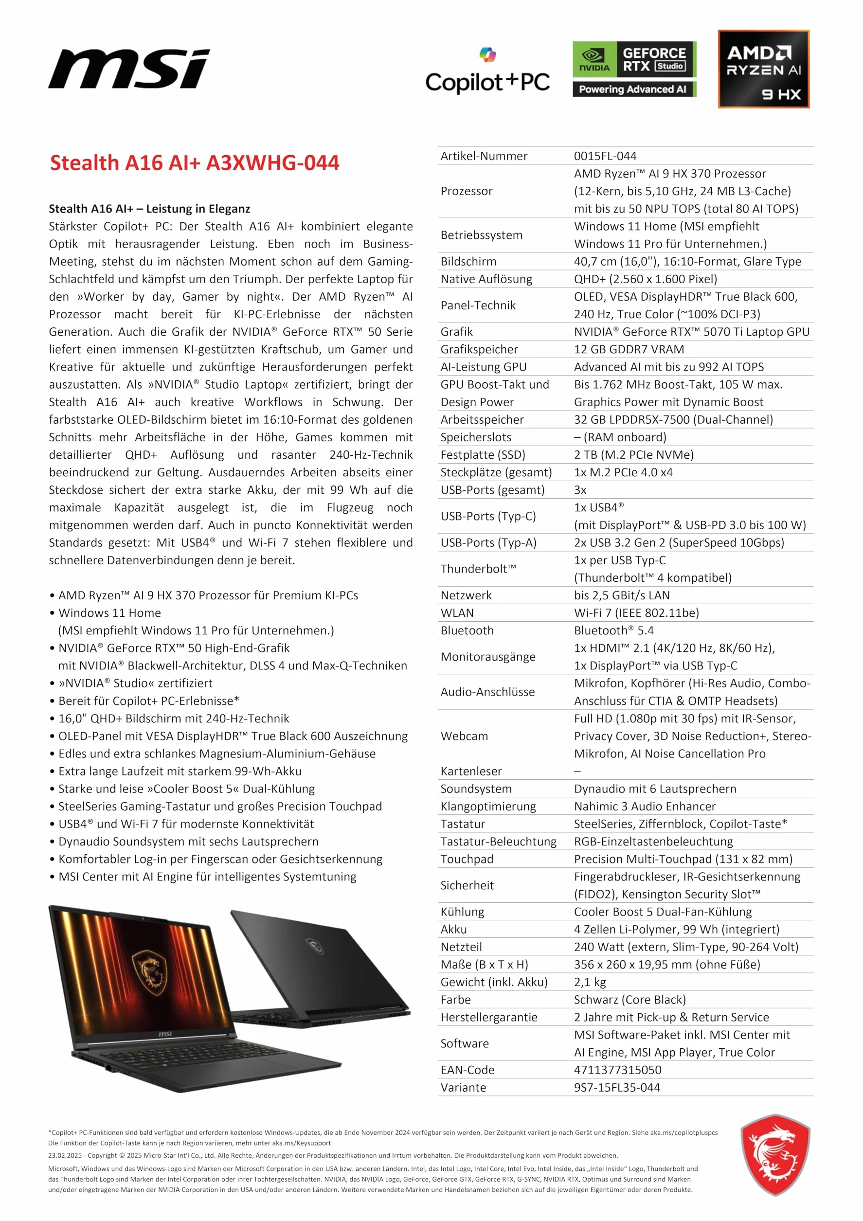 MSI Stealth A16 AI+ laptop gamingowy, wyświetlacz OLED 16" QHD+ 240 Hz, AMD Ryzen™ AI 9 HX 370, NVIDIA GeForce RTX 5070 Ti, 32 GB LPDDR5X, 2 TB SSD, Windows 11 Home, klawiatura QWERTZ, A3XWHG-044