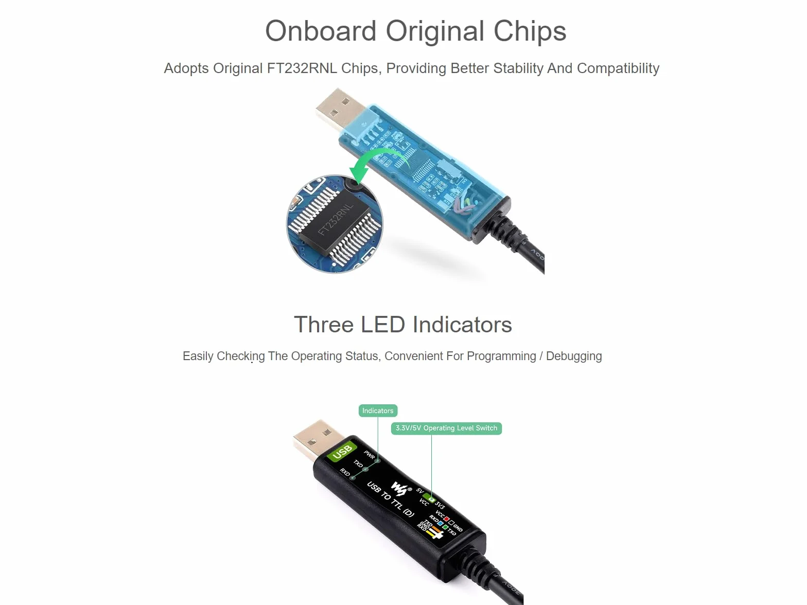 Waveshare Industrial USB to TTL Serial Converter Adapter Cable USB to TTL (D) adapter 3,3 V 5 V Onboard FT232RNL Chip Suitable for Raspberry Pi 5 Serial Port Debugging