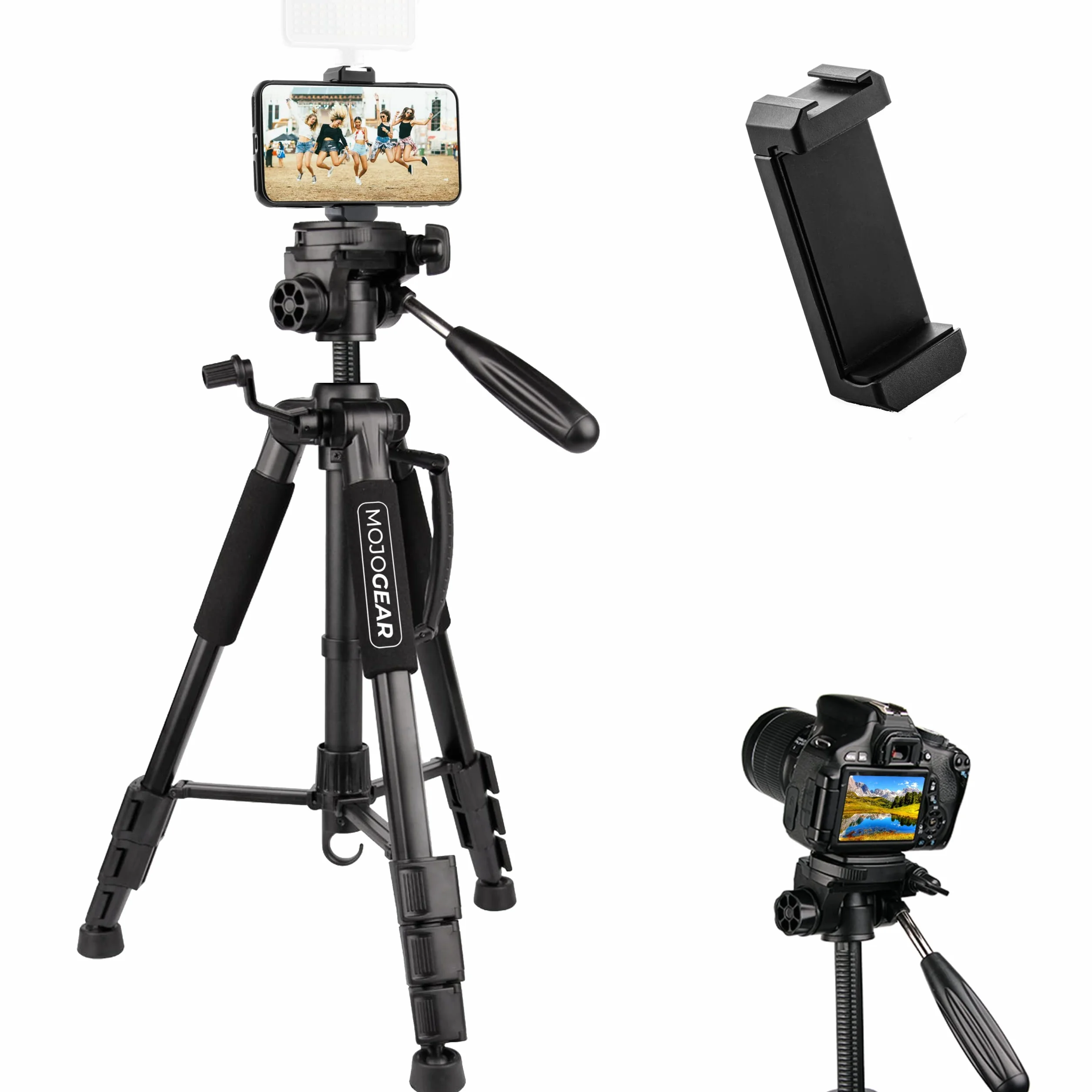MOJOGEAR 140 cm statyw wideo z premium uchwytem na smartfona - aluminiowy statyw DSLR do aparatu i telefonu komórkowego, trójnóg podróżny, z 3-drożną głowicą kulową, płytką szybkiej wymiany, torbą