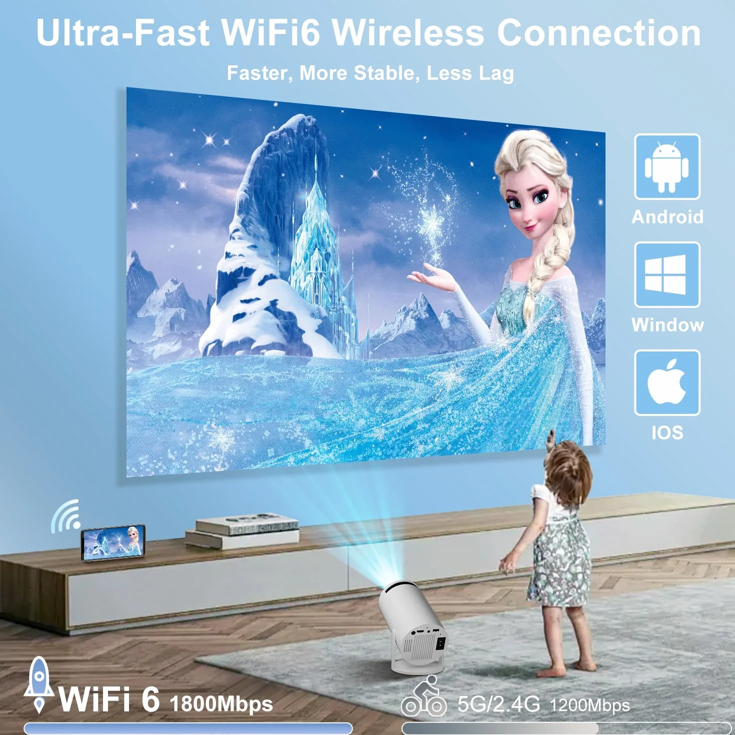 ZDSSY Mini Projektor 4K, projektor wideo 720P Native con Supporto 1080P i 4K, WiFi 6 i BT 5.2, projektor wideo obrót o 180°, zintegrowana aplikacja, przenośny projektor filmowy portatili na Esterni