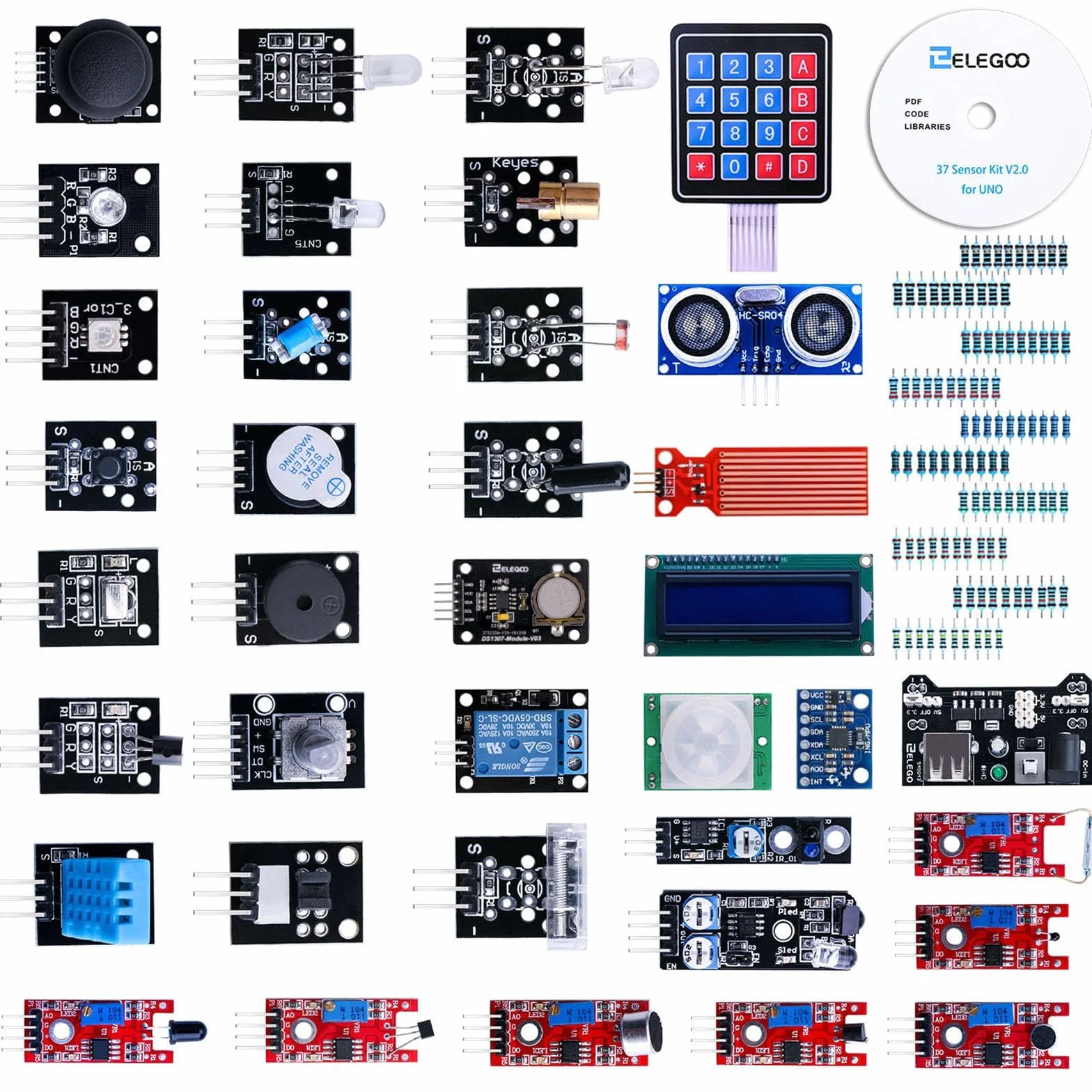 ELEGOO Enhanced 37-in-1 Sensor Kit kompatybilny z Arduino IDE dla projektów elektronicznych, płytka mikrokontrolera nie wchodzi w skład zestawu