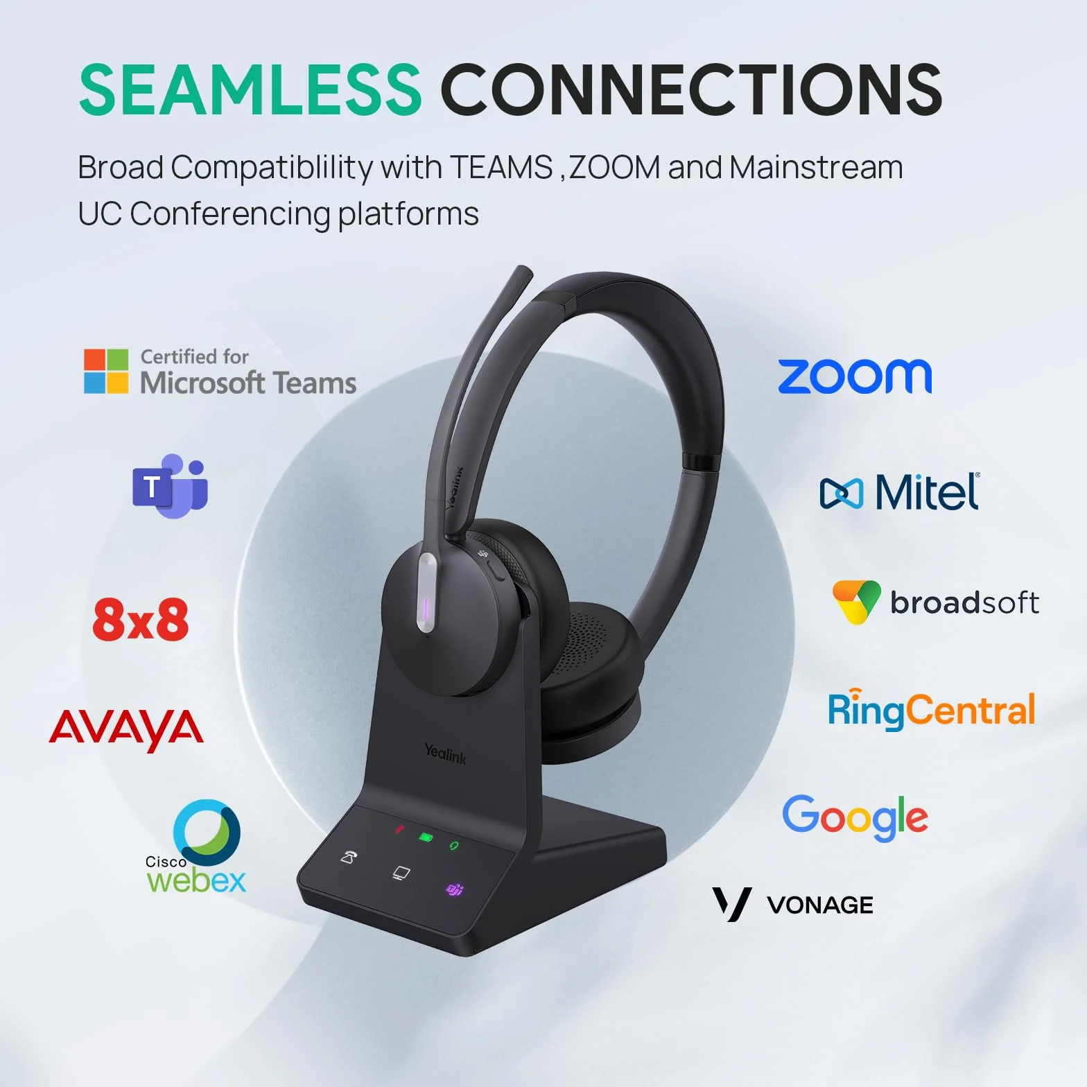 Yealink DECT & Bluetooth bezprzewodowy zestaw słuchawkowy WH64 Mono, zasięg 185 m, 3 mikrofony, redukcja szumów, akumulator 26 h, do telefonu stacjonarnego, telefonu stacjonarnego, telefonu IP