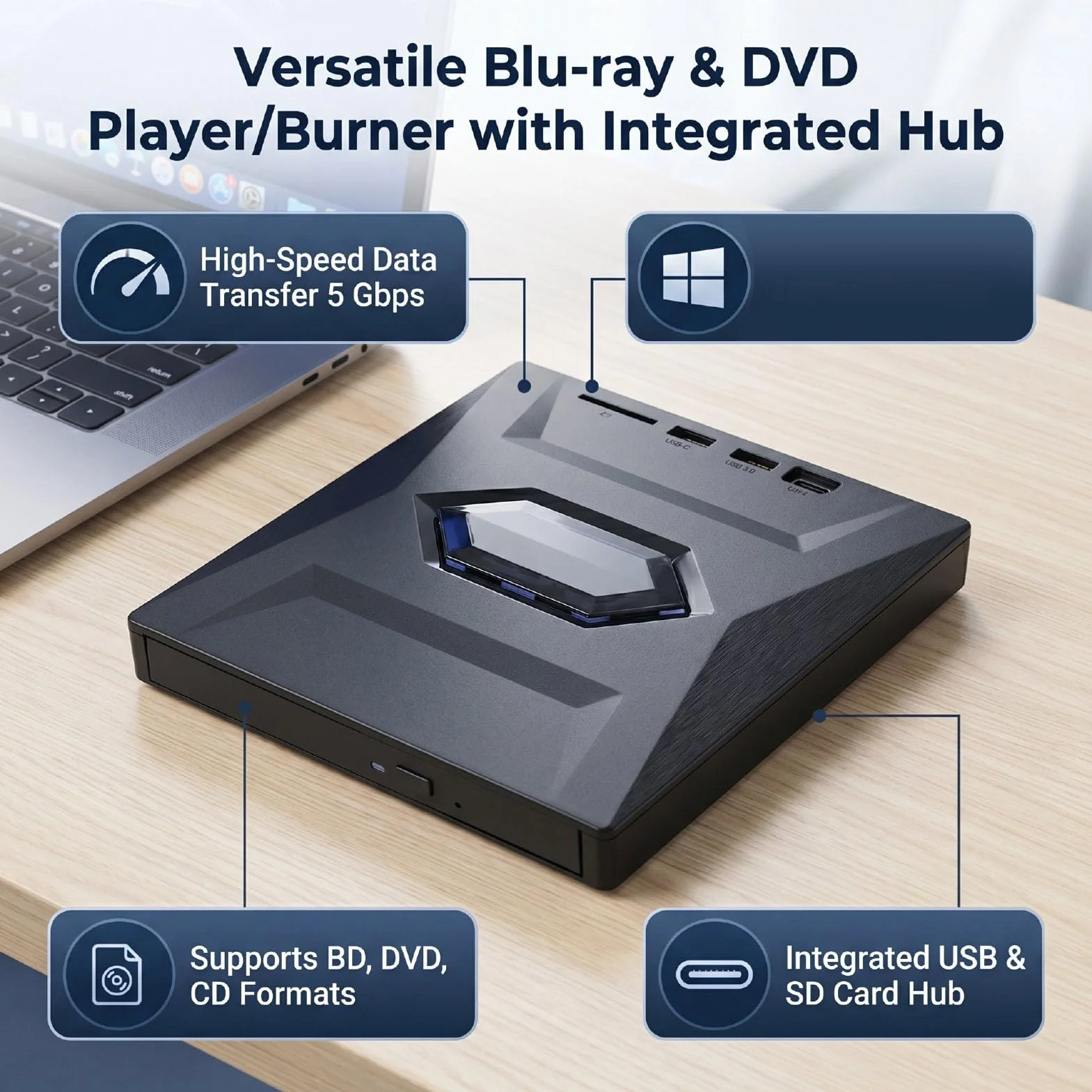 Zewnętrzny Napęd Blu Ray do Laptopa, Nagrywarka CD DVD Blu Ray, Przenośny Odtwarzacz - DVD Napęd CD Kompatybilny z Laptopem, Komputer Stacjonarny do Podróży Służbowych i