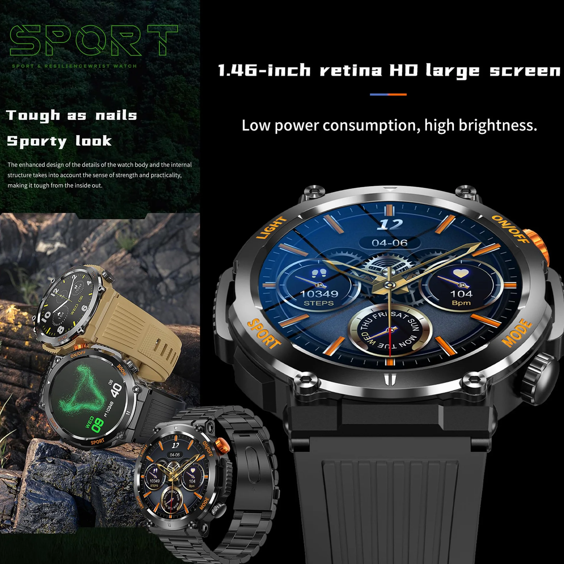 Smartwatch Inteligentny Zegarek Męski z Połączeniami, 1.46" Wodoodporny Smart Watch Sportowy z Latarka, Kompas, Pulsometr Ciśnienie Krwi Bransoletka Aktywność Cyfrowy Zegarek dla IOS Android (czarny)