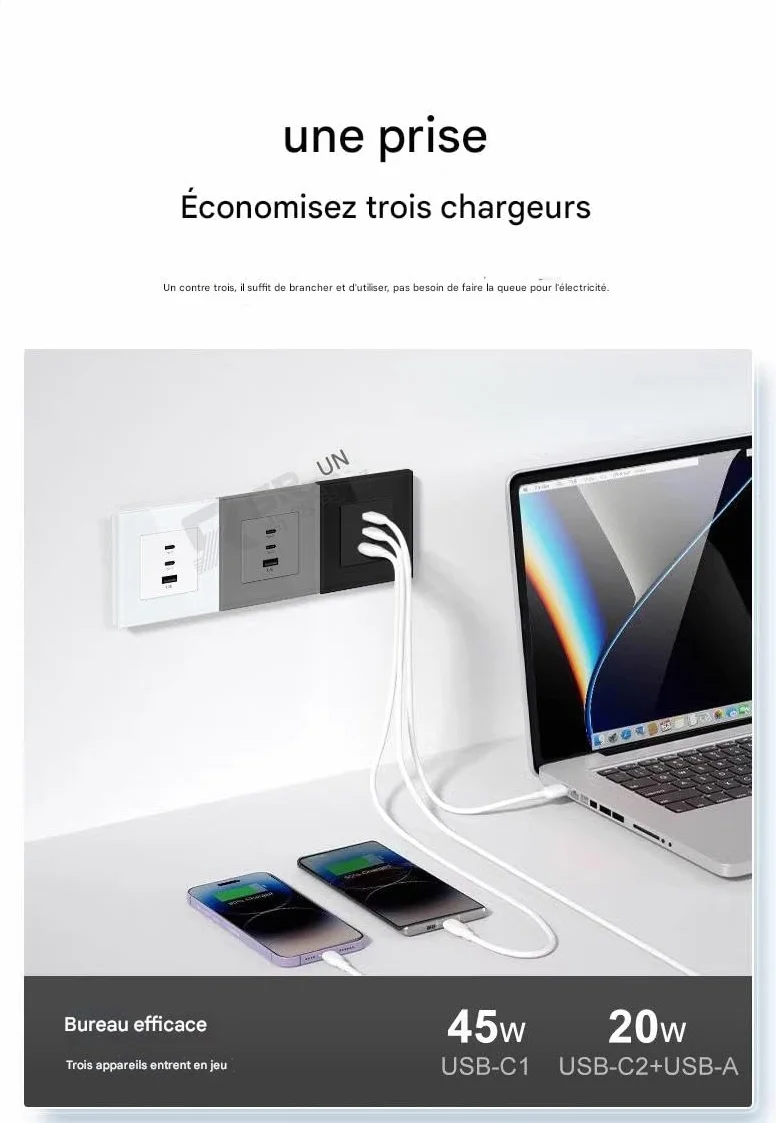GaN Panel ze szkła hartowanego 3 w 1 65 W ultraszybkie ładowanie Gniazdko ścienne typu 86 Typ-C USB Ładowarka do telefonu komórkowego do komputera Opakowanie 5 szt