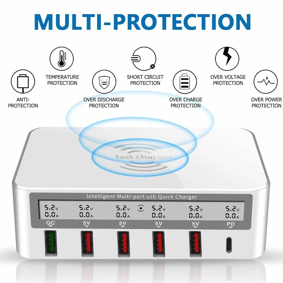 Bezprzewodowa ładowarka wiele USB stacja ładująca 100 W szybkie ładowanie 6-portowa stacja ładująca biurkowa Hub z szybkim ładowaniem 3.0 port USB 18 W PD kompatybilny z iPhone iPad Samsung, biały