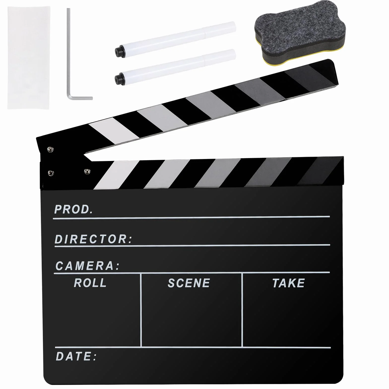 Reżyserzy filmowi Clapboard, Move Slate Photography Video TV Cut Action Scene Akrylowe rekwizyty z magnetyczną gumką do tablicy, dwa niestandardowe długopisy, ściereczka do czyszczenia i klucz