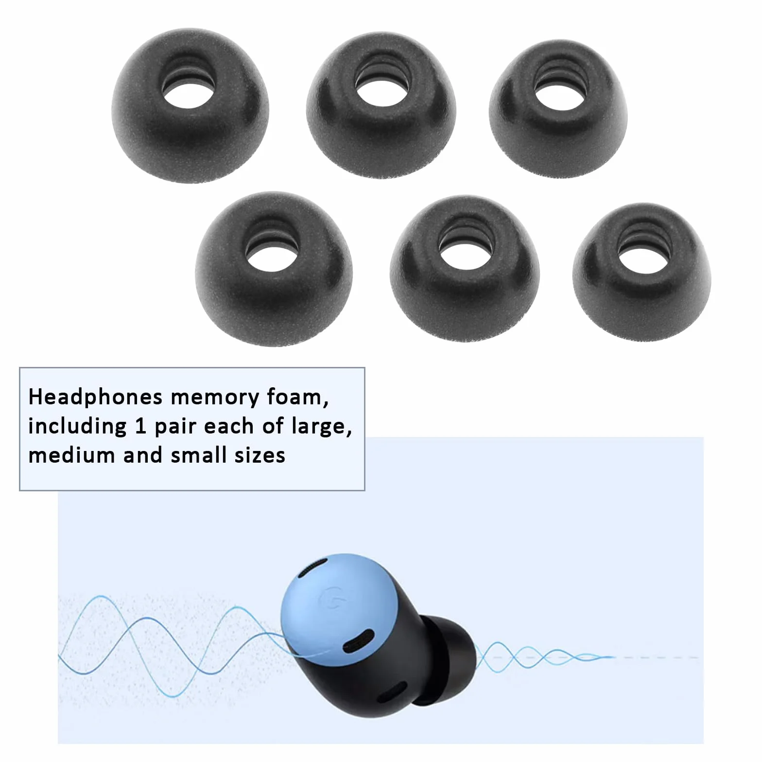 3 pary końcówek dousznych z pianki z pamięcią kształtu, zestaw zawiera duże średnie małe rozmiary kompatybilne z Goo-gle Pixel Buds Pro czarne