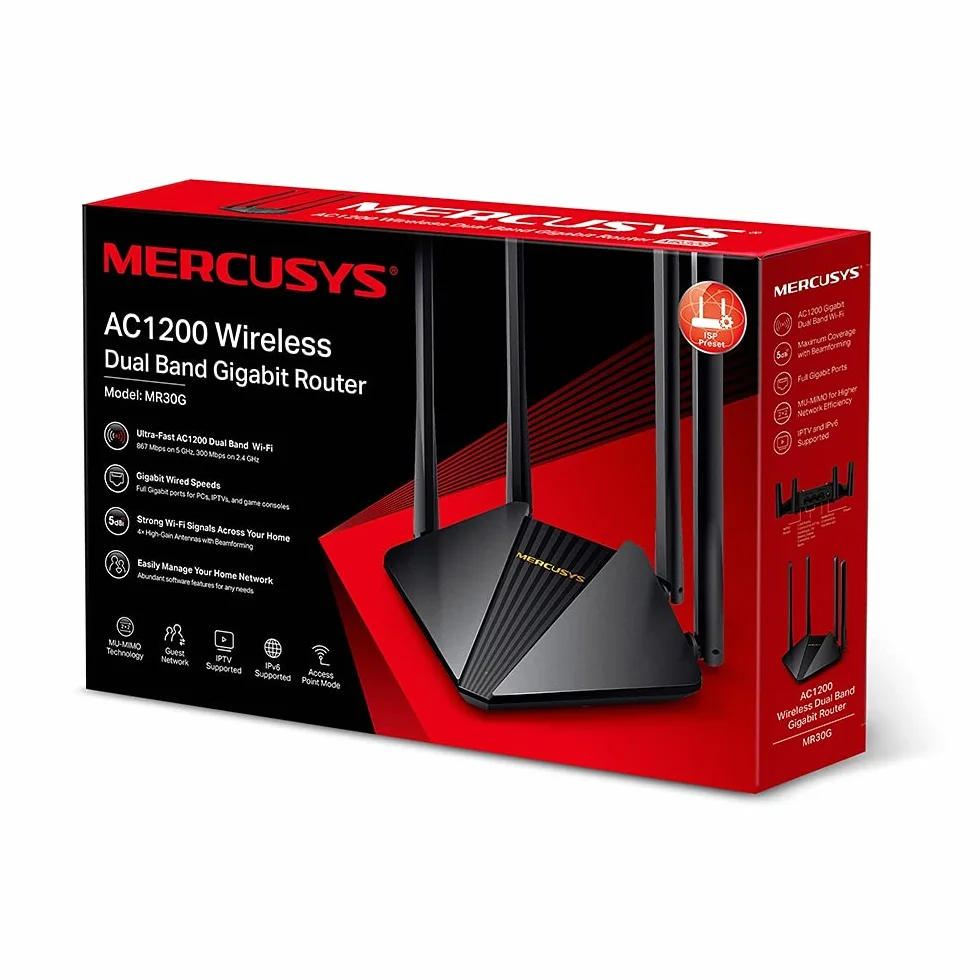 TP-Link Mercusys MR30G dwuzakresowy bezprzewodowy router Ethernet Wi-Fi AC1200, port gigabitowy, MU-MIMO, obsługa IPTV, IPv6, 802.11ac, sieć gości, prosta instalacja, 4 anteny zewnętrzne 5dBi, WPS