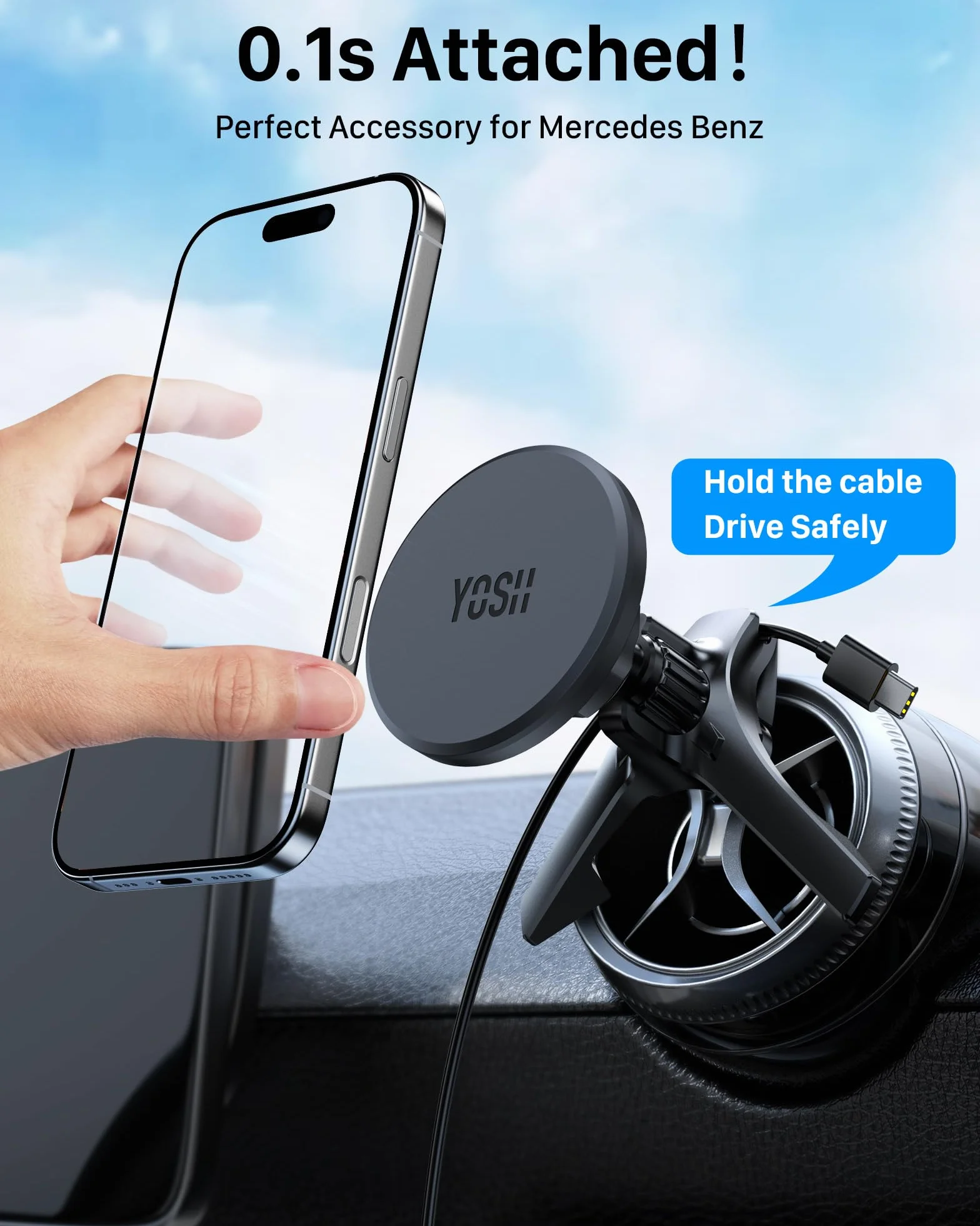 YOSH Uchwyt samochodowy na telefon komórkowy do Mag-Safe [okrągła wentylacja], magnetyczny uchwyt samochodowy z trójkątnym hakiem do Mercedes, kompatybilny z urządzeniami iPhone i Samsung