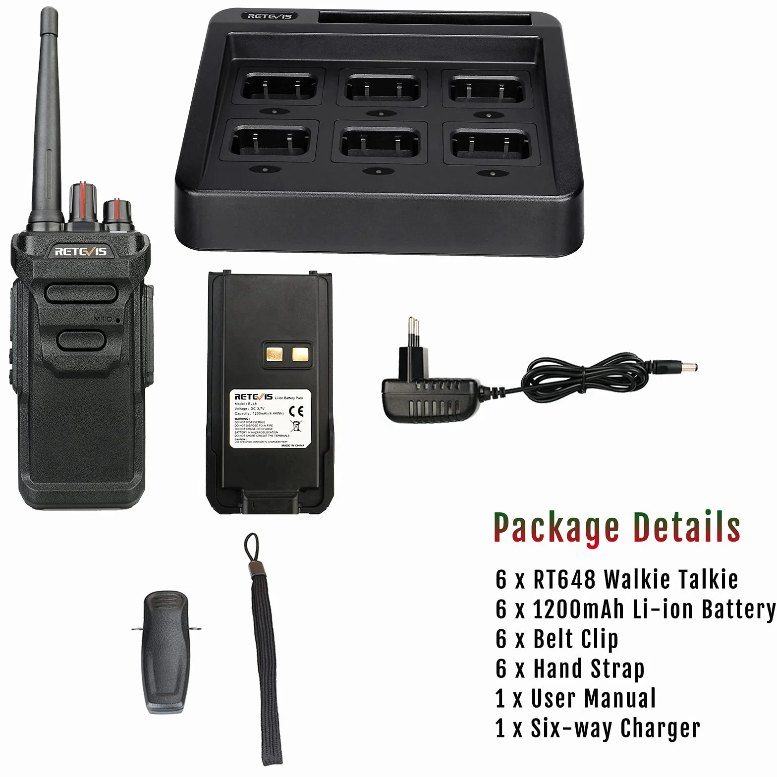Retevis RT648 Walkie Talkie, Wodoodporność IP67, Bez Licencji PMR446, Walkie Talkie z Sześciokierunkową Ładowarką, Skanowanie VOX, Krótkofalówka Dalekiego Zasięgu (6 Szt, Czarna)