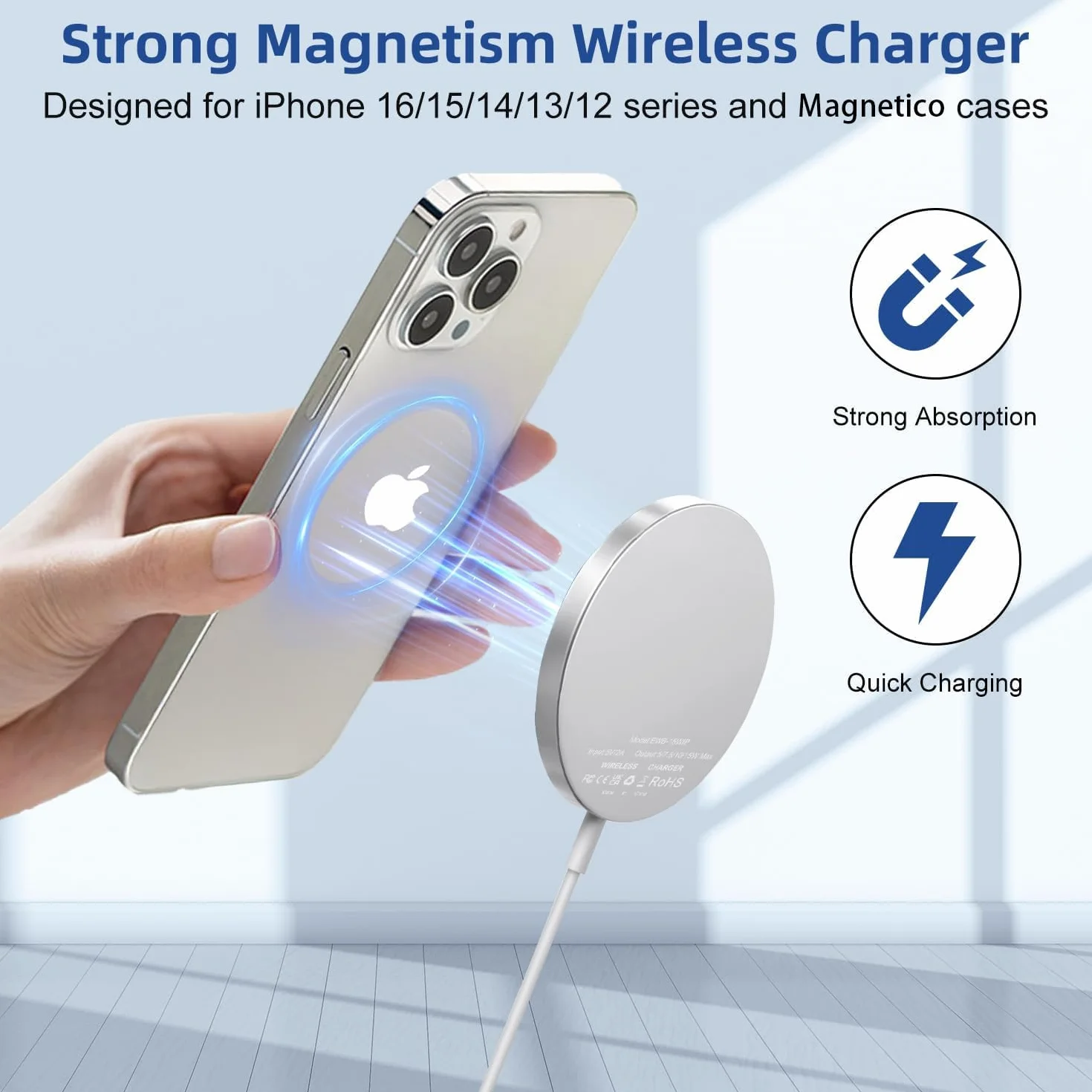 Magnetyczna bezprzewodowa ładowarka do iPhone'a, 15 W, szybkie ładowanie bezprzewodowe, kompatybilna z iPhone 16 15 14 13 12 11 Pro Max Mini Series, do AirPods 2/3/Pro, bezprzewodowa ładowarka