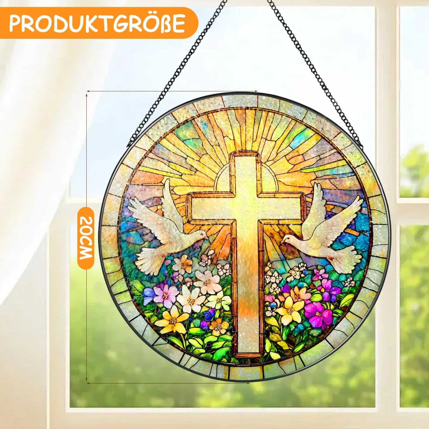 Krzyż dekoracja okienna wisząca 20×20cm efekt witrażu religijna dekoracja ścienna