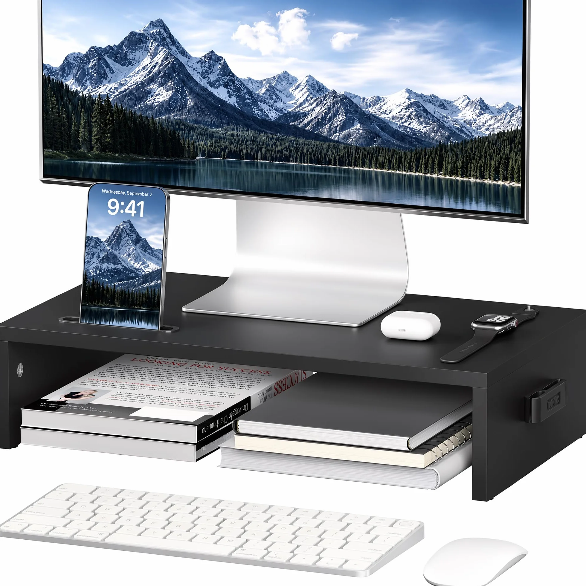 BONTEC Podstawka pod monitor, stojak na monitor, uchwyt na telefon, ergonomiczna podstawka pod drukarkę, pod laptopa z miejscami na kable, do komputerów, notebooków, iMaców, Pecetów, 42 cm, czarny
