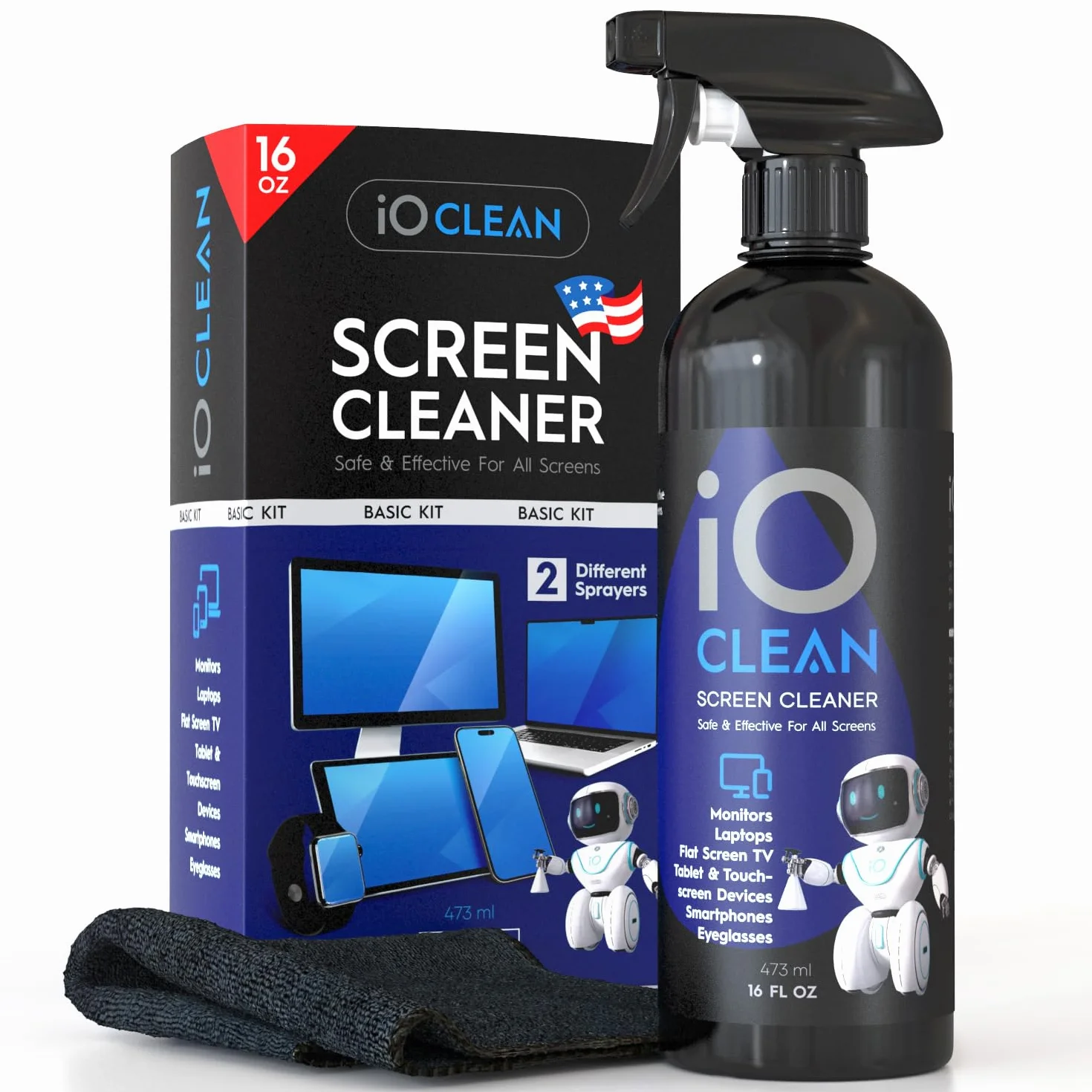 iO Clean Zestaw do Czyszczenia Ekranów (473 ml) do LCD, LED i OLED TV, Smartfonów, iPadów, Laptopów i Monitorów – Ściereczka z Mikrofibry