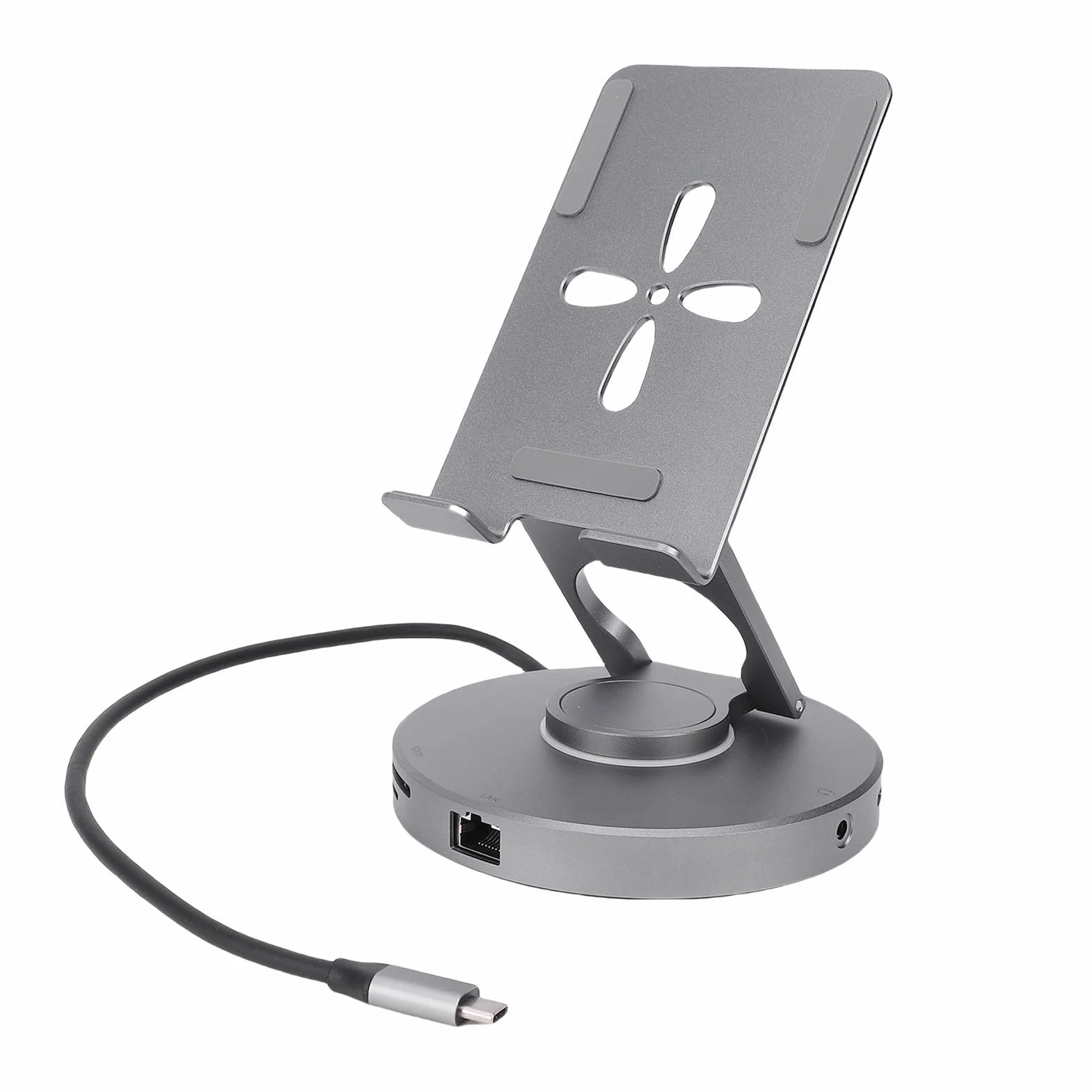 PUSOKEI Stojak na Tablet 10 W 1 ze Stopu Aluminium |Stacja Dokująca USB C z możliwością Obrotu o 360° Czytnik Kart PD o Mocy 100 W, Gniazdo 3,5 Mm, USB 3.0