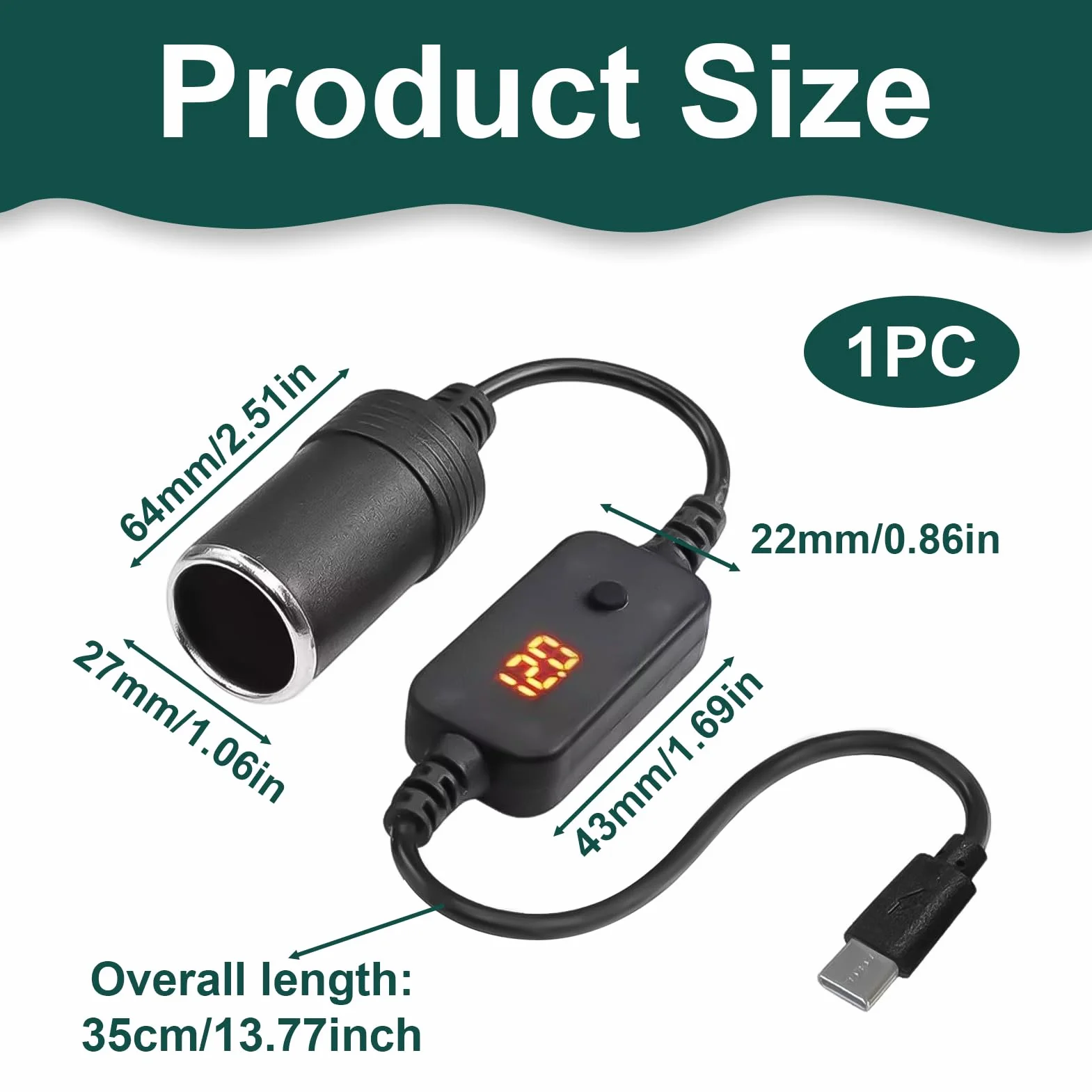Adapter USB C na zapalniczkę, kabel USB C męski do zapalniczki samochodowej 12 V z wyświetlaczem LED i przełącznikiem, regulowane napięcie 5V, 9V, 12 V, 15 V, 20 V, do GPS, kamery, ładowarki