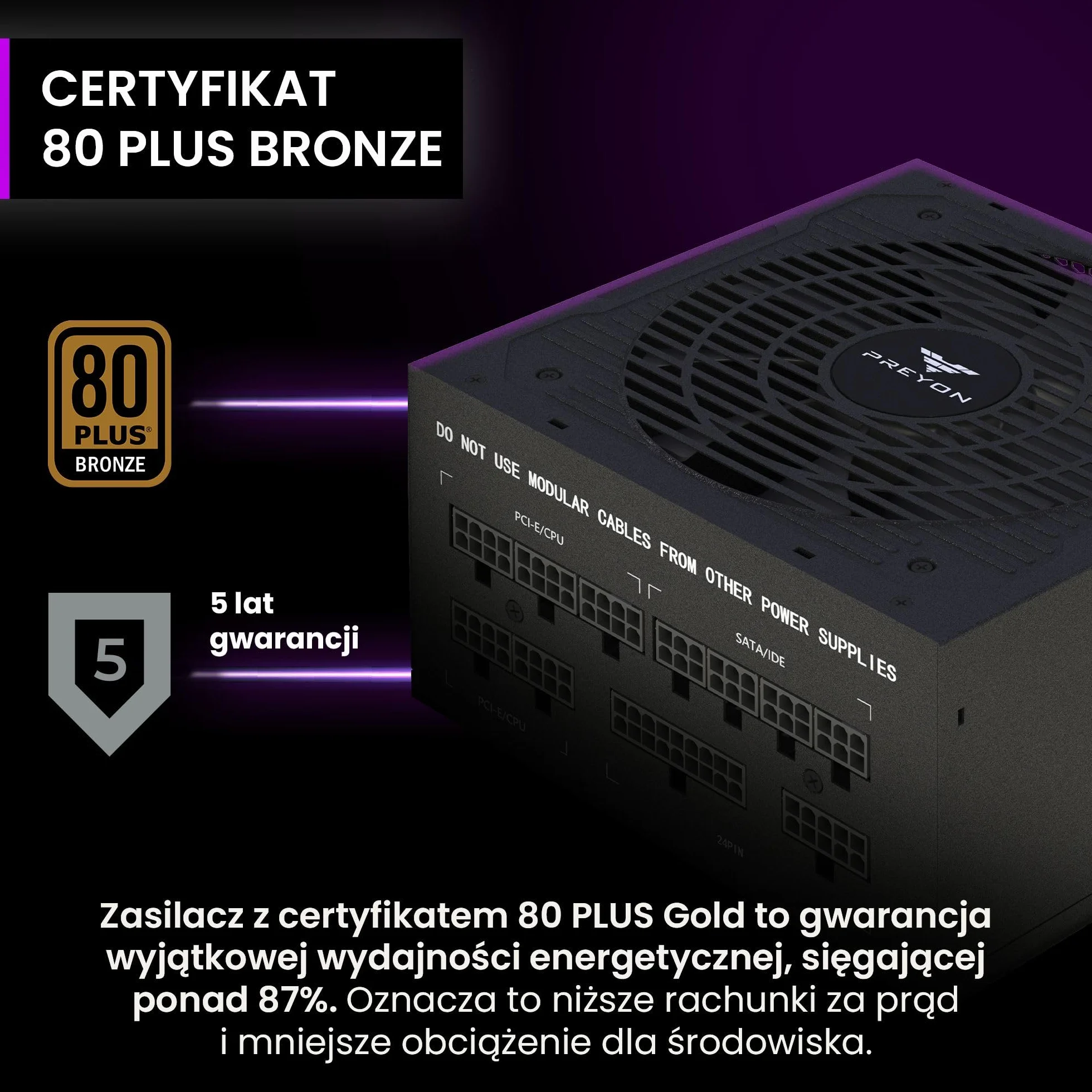PREYON Zasilacz Komputerowy PC PSU 750W Bronze ATX Gaming Power Supply 12V PCI-e 2.5 Modularny Cicha Praca Wentylator 120 mm Japońskie Komponenty Stabilny Kompaktowy Nowoczesny – Eagle Power Czarny