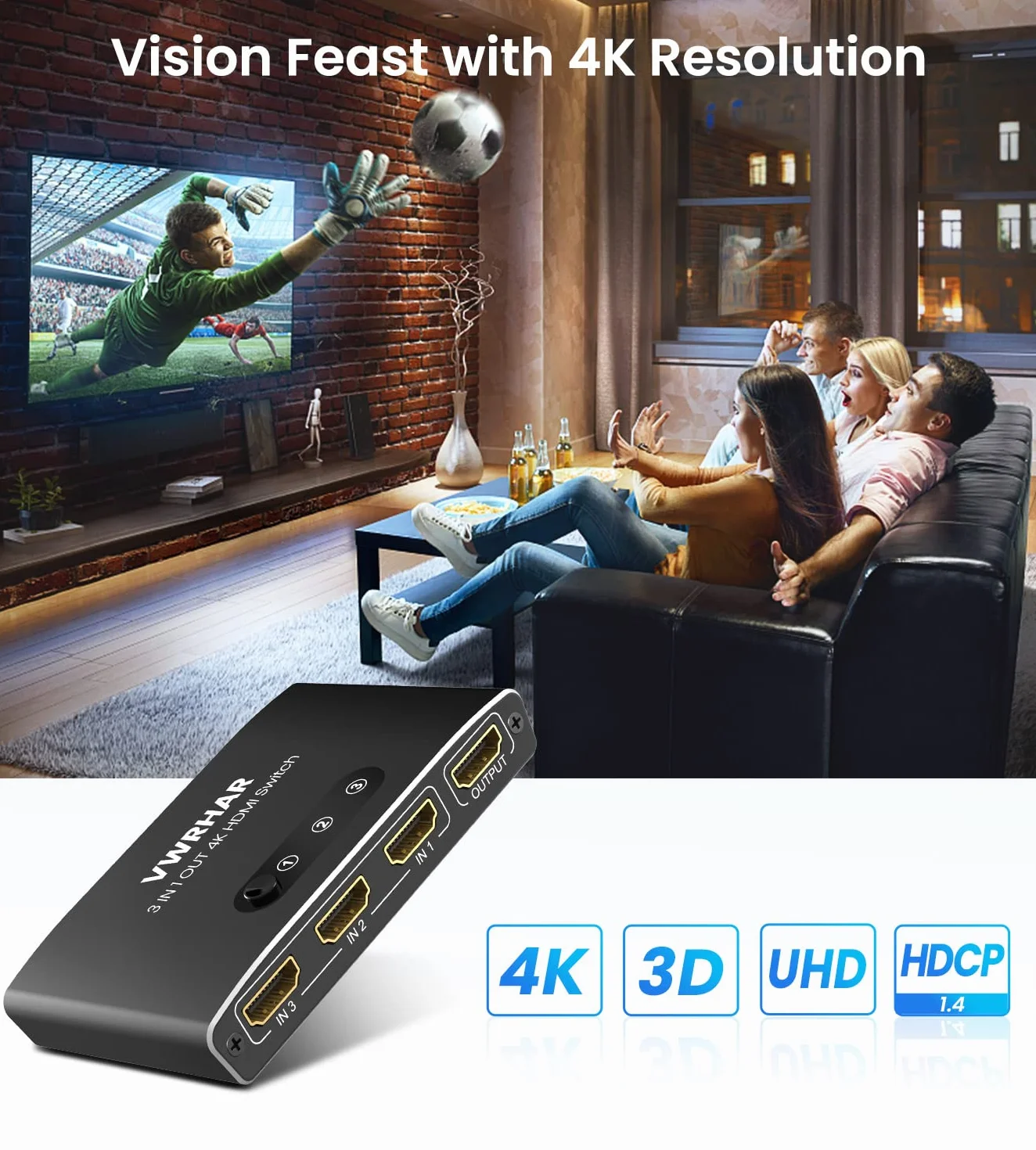 Przełącznik HDMI 3 w 1 Rozdzielacz 4K UHD, Metalowy Przełącznik 4K 30 Hz 3D HDCP1.4 dla PS5/PS4/Xbox