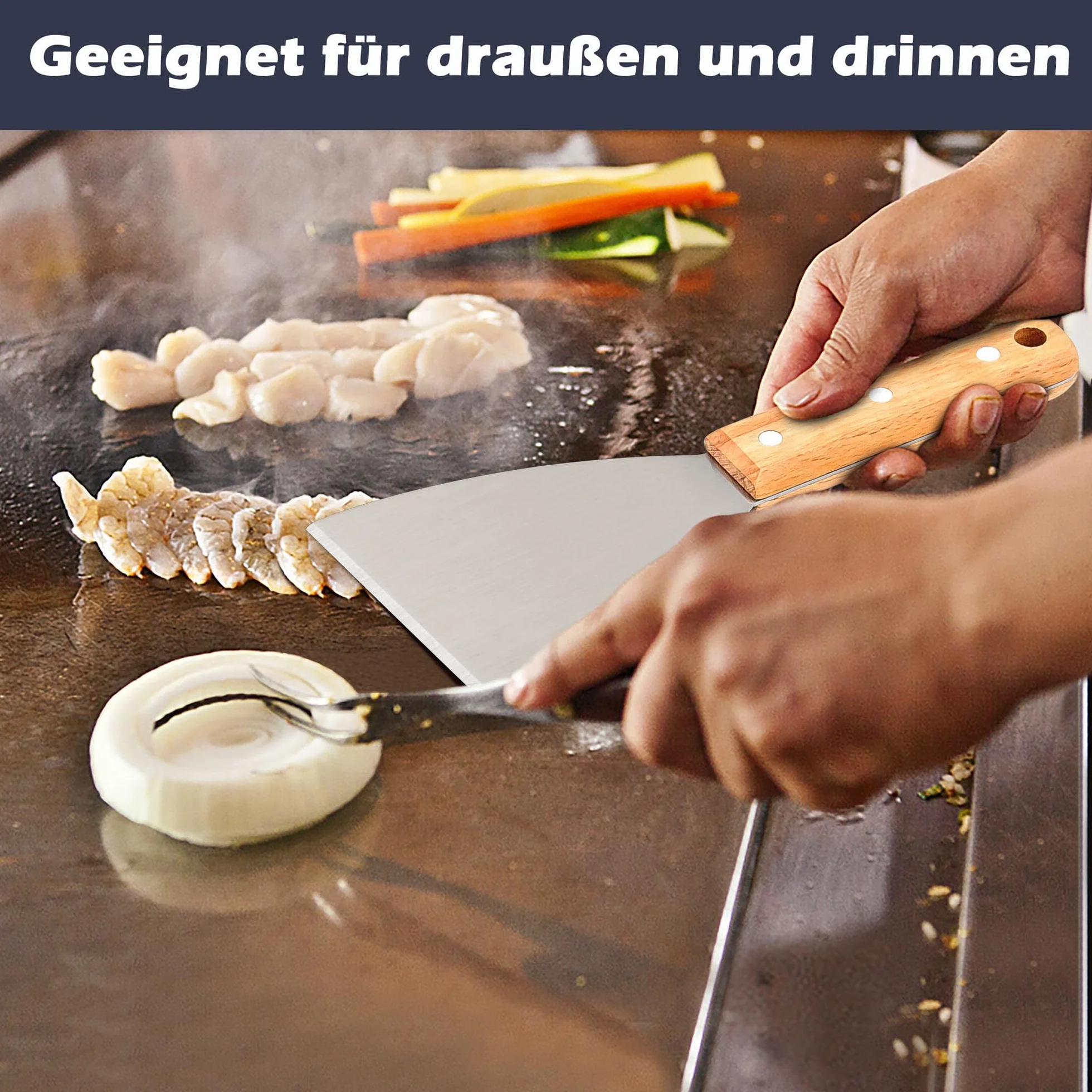 Joyfair 2 szpatułki do grilla i kuchennego gotowania, stal nierdzewna, drewniany uchwyt, łopatka do pizzy, BBQ/kuchnia, ukośna krawędź