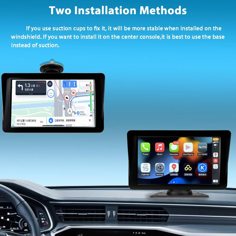 sunweyer Sunweyer Bezprzewodowy ekran samochodowy Carplay i Android, przenośne radio samochodowe, ekran dotykowy IPS 7", obsługa kamery cofania 1080p i nadajnik Bluetooth/AUX/FM