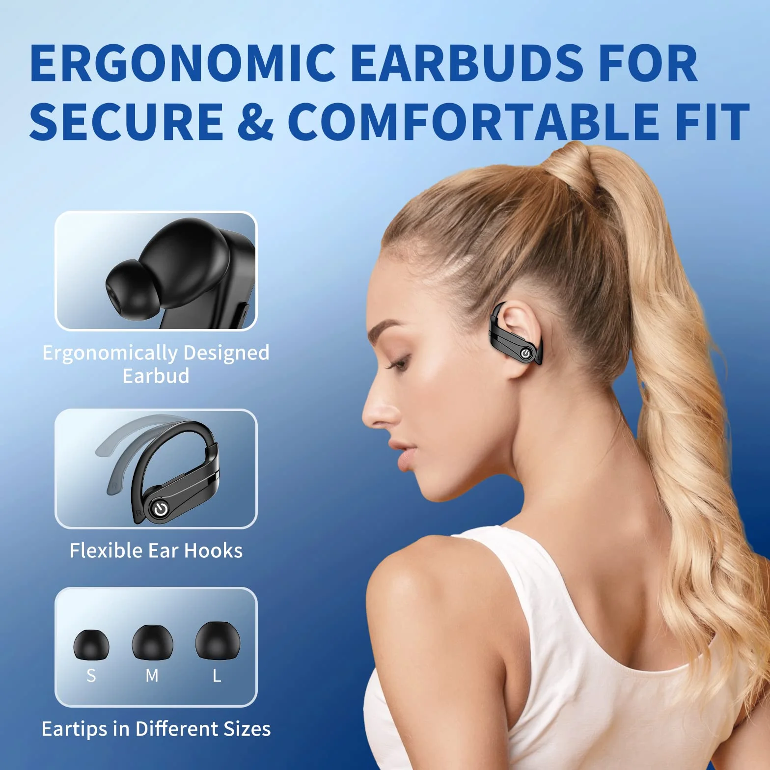 Bezprzewodowe słuchawki douszne Bluetooth z mikrofonem, 72H bezprzewodowe słuchawki Bluetooth 5.3, sportowe słuchawki douszne z cyfrowym wyświetlaczem LED, wodoszczelne IPX7, słuchawki dokanałowe z