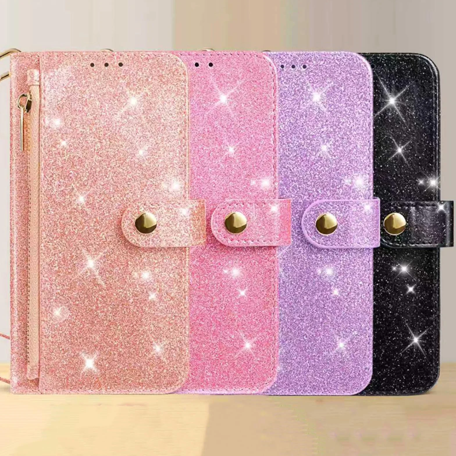 Etui z klapką do iPhone 17 Pro Max/17 Pro/17 Air/17, luksusowy brokat skórzany pokrowiec na portfel z kieszeniami na karty, różowy, 17 ProMax